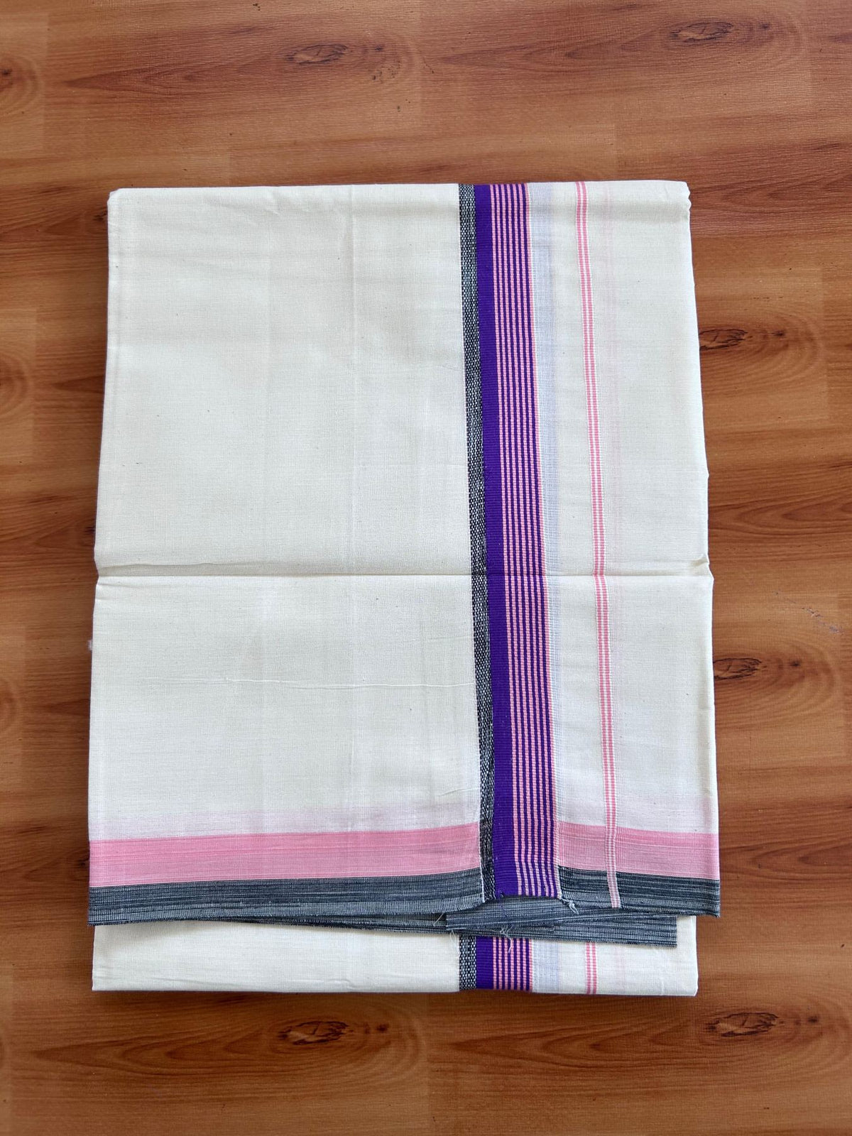 Single Off White - (Unbleached) Mundu/Dhoti - KaithariKada Balaramapuram Pure Cotton 70x30 - 1.5 inch Black , Purple & Light Peach Striped Kara (2 meter /4 muzham) - 36 KK5494 PMC
