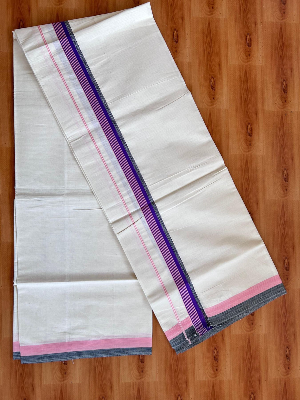 Single Off White - (Unbleached) Mundu/Dhoti - KaithariKada Balaramapuram Pure Cotton 70x30 - 1.5 inch Black , Purple & Light Peach Striped Kara (2 meter /4 muzham) - 36 KK5494 PMC
