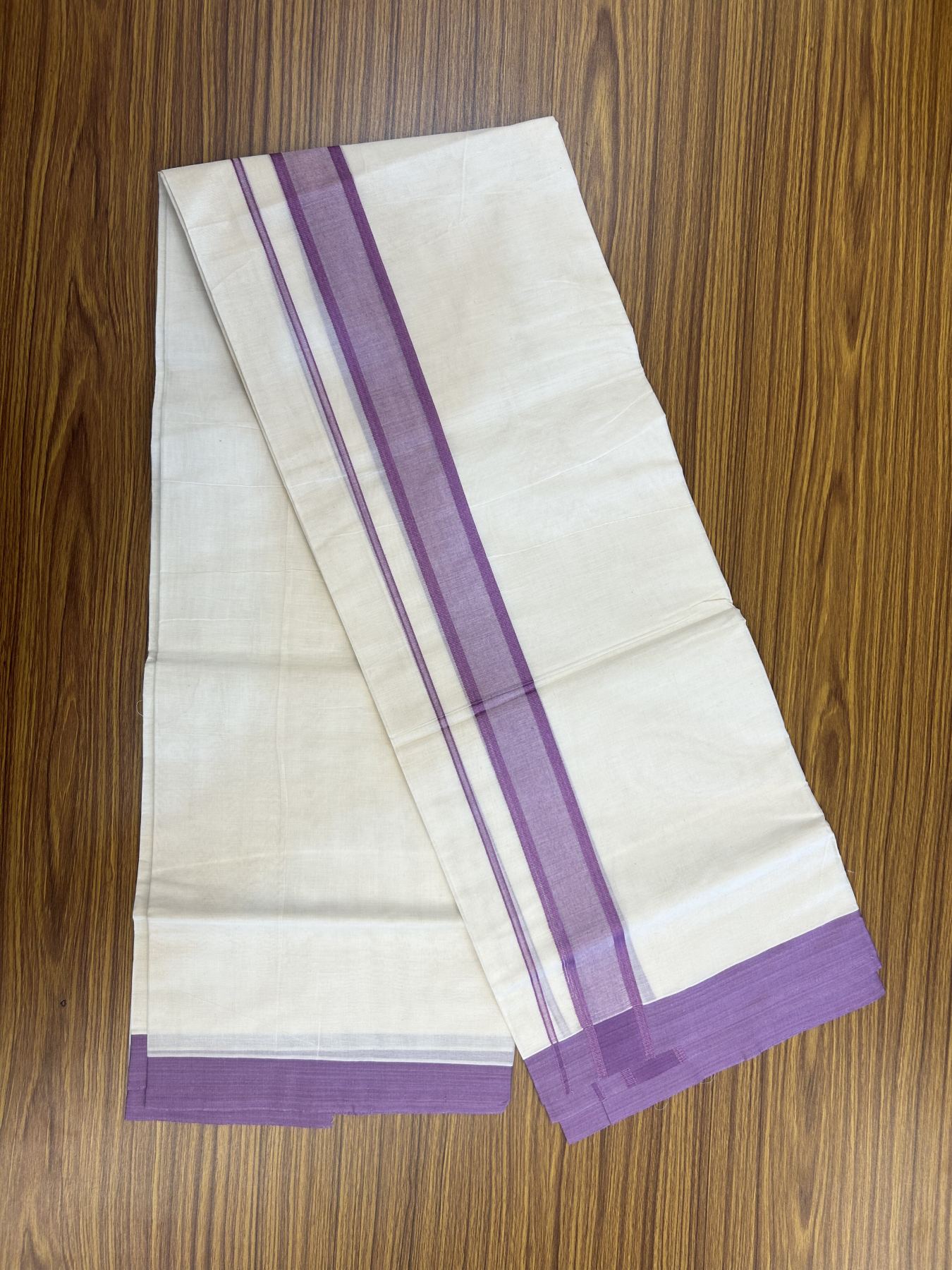 20% Discount! KaithariKada Balaramapuram 100% Cotton Double Off White Mundu/Dhoti- 100x80 - 1.75 inch Violet shaded Kara 4 mtr (8.5 muzham) - 192 KK5361 PMC