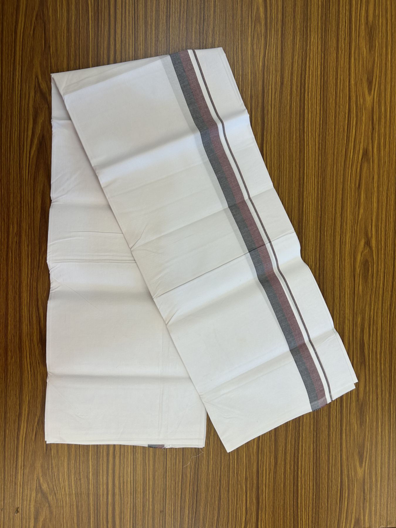 Dmk Veshti - 20% Discount !! KaithariKada Balaramapuram Pure White Single Mundu/Dhoti - 100X100 - 1.25 inch Maroon & Black Shaded Kara (2 meter / 4 muzham) - 3 KK5336 ASH