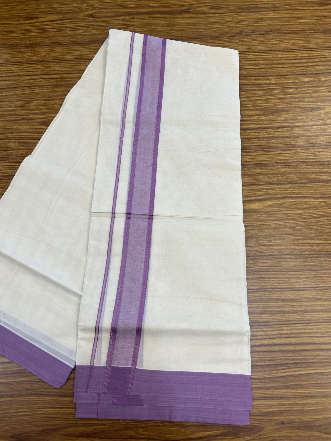 20% Discount! KaithariKada Balaramapuram 100% Cotton Double Off White Mundu/Dhoti- 100x80 - 1.75 inch Violet shaded Kara 4 mtr (8.5 muzham) - 192 KK5361 PMC