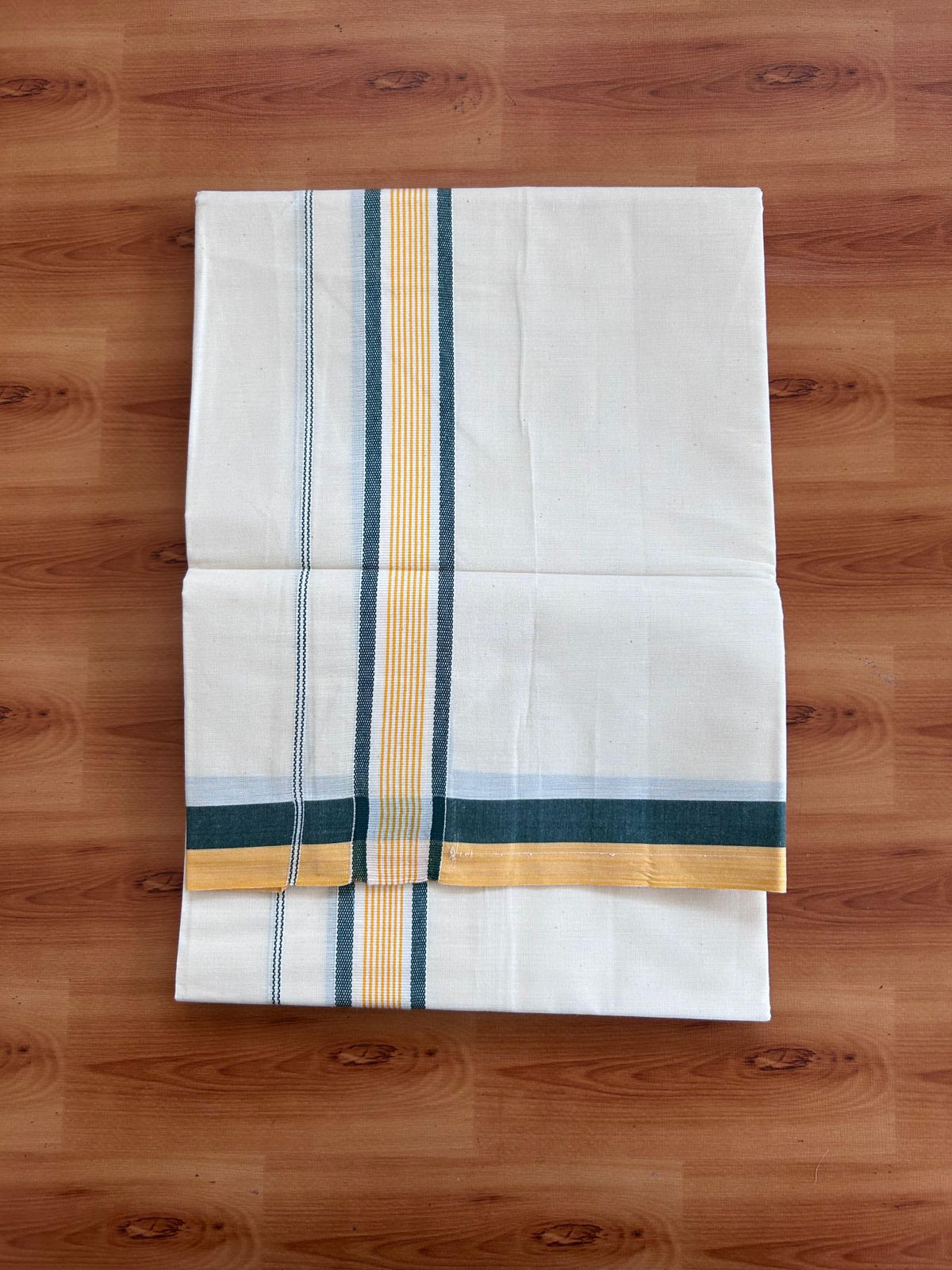 Single Off White - (Unbleached) Mundu/Dhoti - KaithariKada Balaramapuram Pure Cotton 70x30 - 1.5 inch Green & Orange Striped Kara (2 meter /4 muzham) - 35 KK5494 PMC