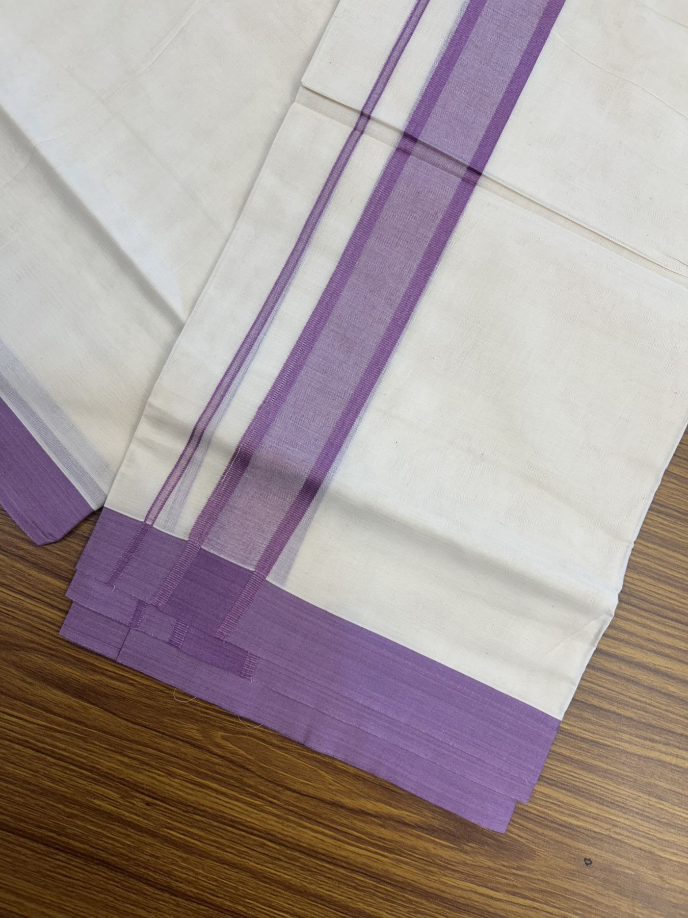 20% Discount! KaithariKada Balaramapuram 100% Cotton Double Off White Mundu/Dhoti- 100x80 - 1.75 inch Violet shaded Kara 4 mtr (8.5 muzham) - 192 KK5361 PMC