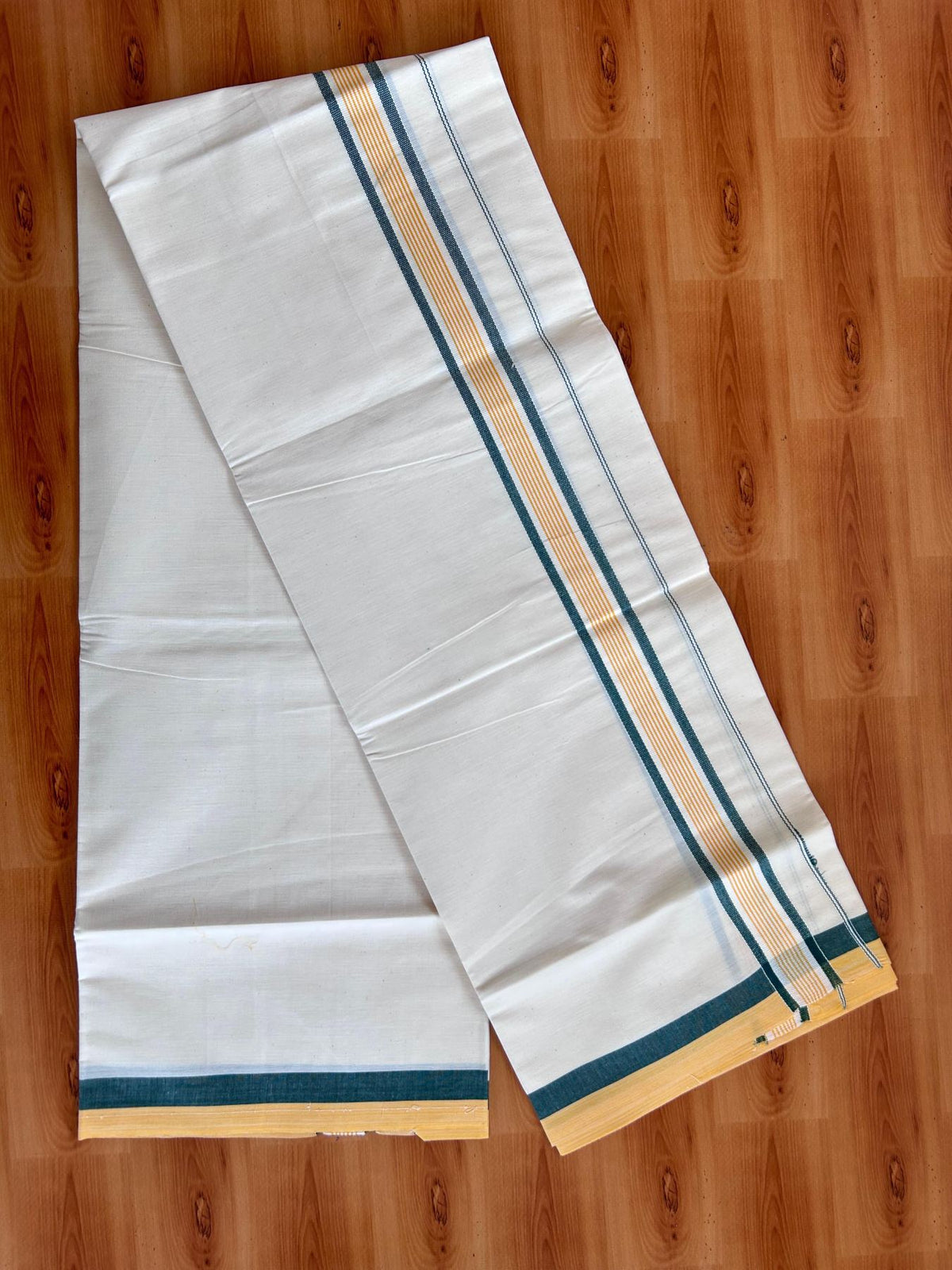 Single Off White - (Unbleached) Mundu/Dhoti - KaithariKada Balaramapuram Pure Cotton 70x30 - 1.5 inch Green & Orange Striped Kara (2 meter /4 muzham) - 35 KK5494 PMC