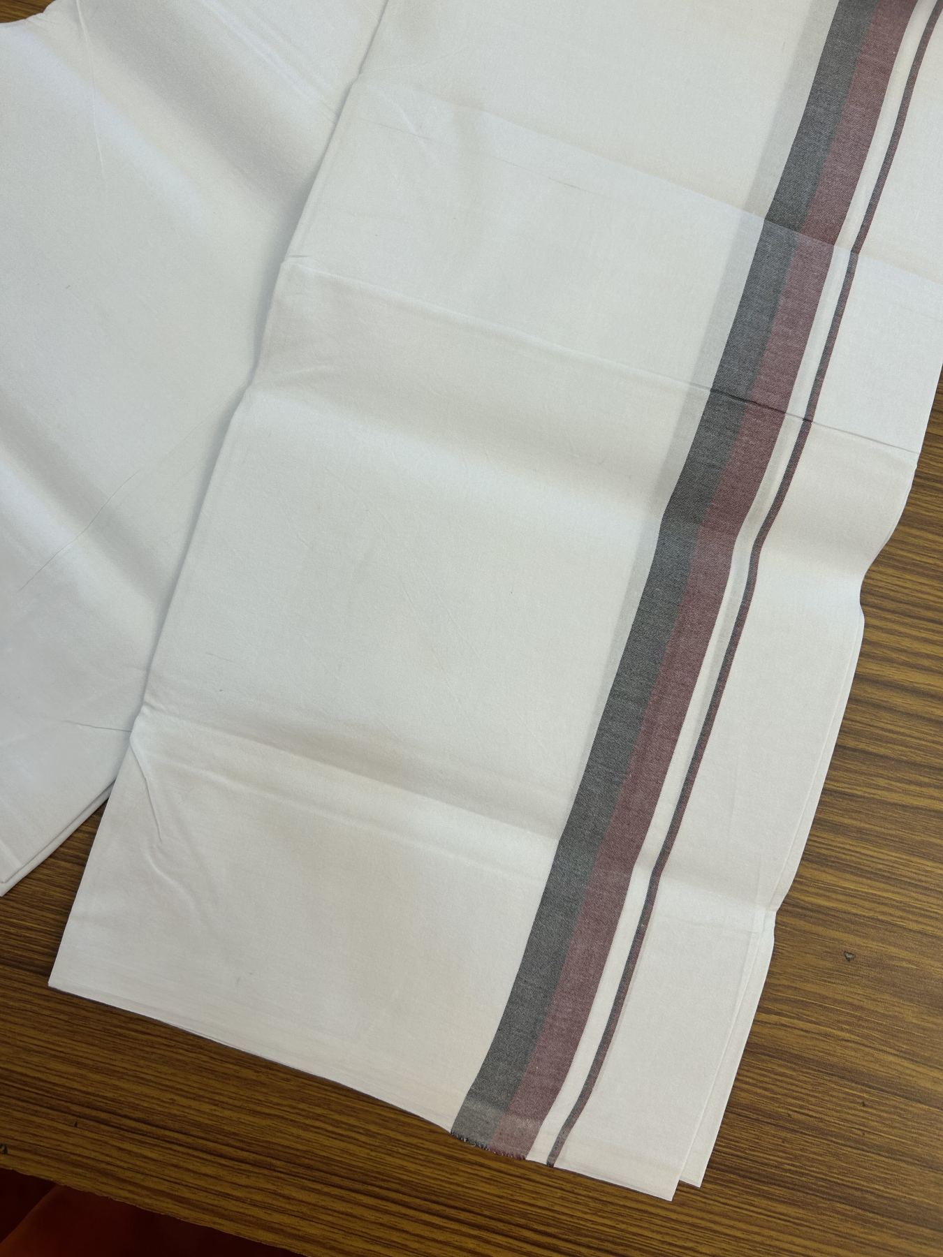 Dmk Veshti - 20% Discount !! KaithariKada Balaramapuram Pure White Single Mundu/Dhoti - 100X100 - 1.25 inch Maroon & Black Shaded Kara (2 meter / 4 muzham) - 3 KK5336 ASH