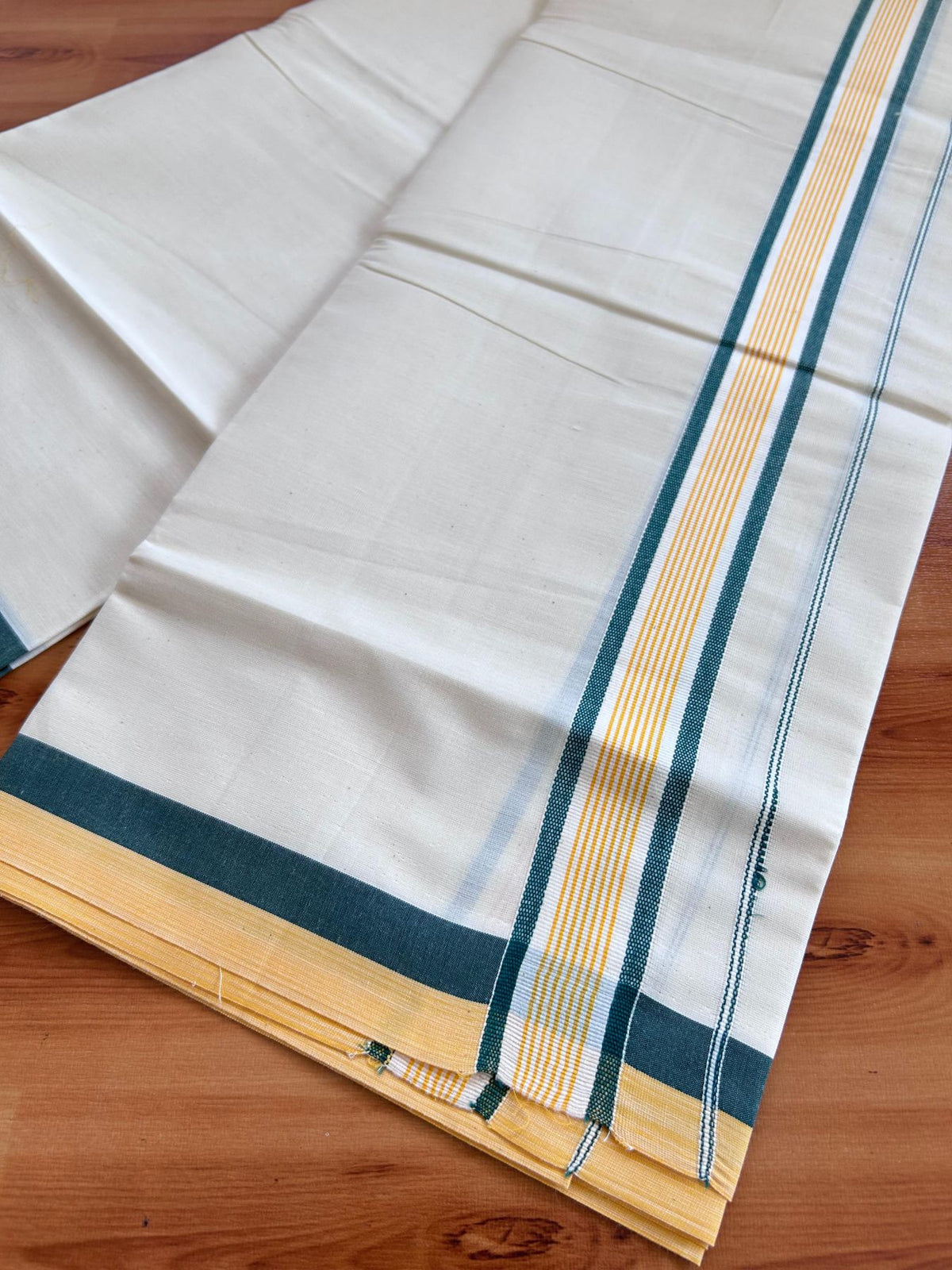 Single Off White - (Unbleached) Mundu/Dhoti - KaithariKada Balaramapuram Pure Cotton 70x30 - 1.5 inch Green & Orange Striped Kara (2 meter /4 muzham) - 35 KK5494 PMC