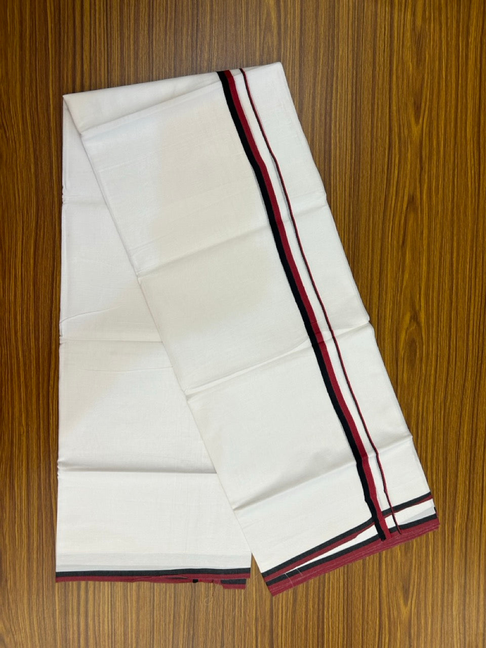 Dmk Veshti - 20% Discount ! KaithariKada 100% Cotton Pure White Double Mundu/Dhoti - 100X90 - 0.5 inch Black & Maroon Red kara 3.90 mtr (8 mulam)-  1 KK5261 PMC