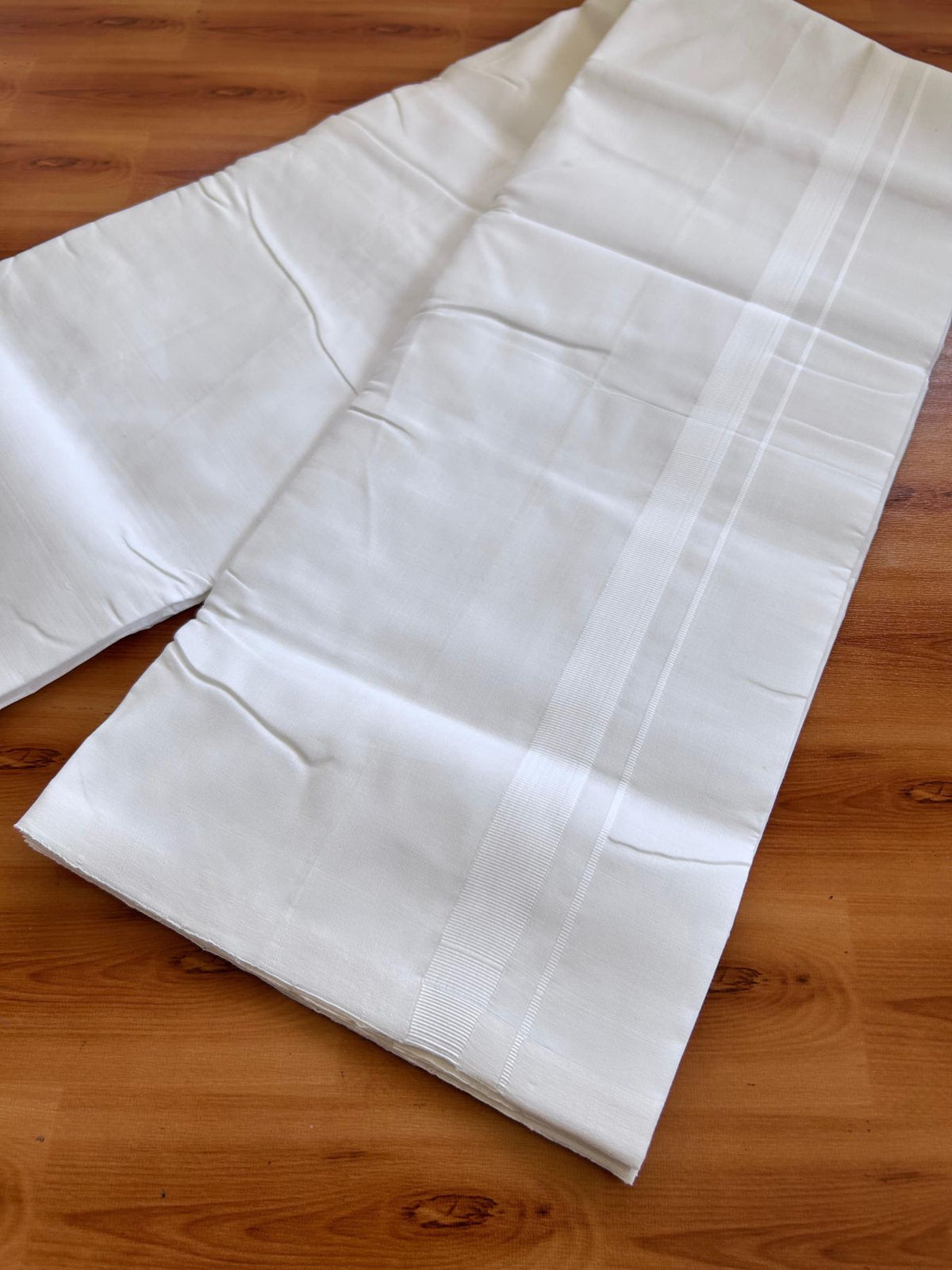 25% Discount!! New Ultra Pure White Thread Handloom - Kerala Handloom - 100% Mercerised Cotton Double Mundu/Dhoti - 120 twisted warp x 100s weft - 0.75 Inch White Kara  3.80 mtr (8 Muzham) - 1 KK5511 REA