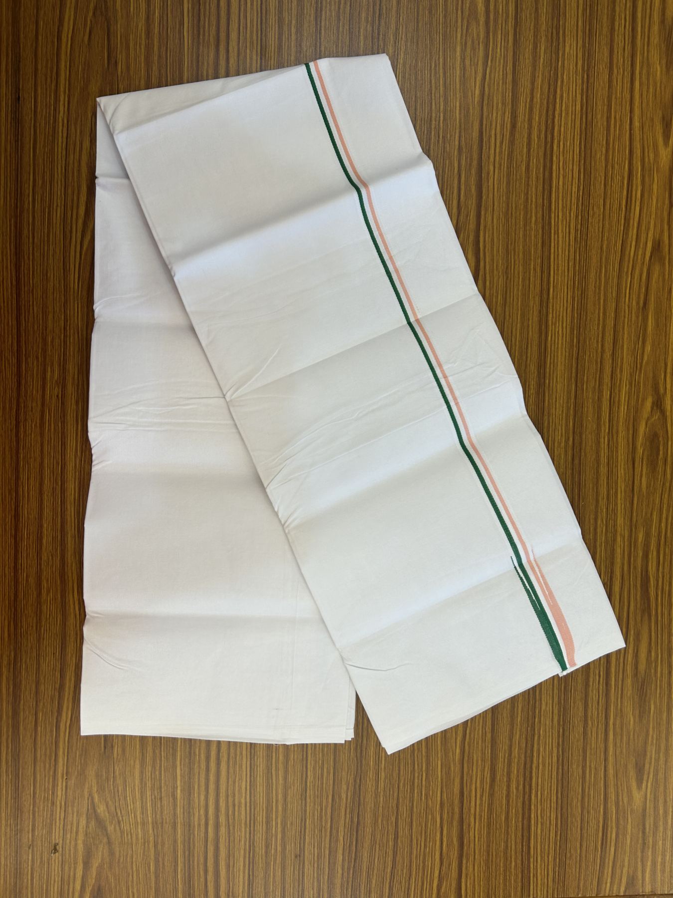 20% Discount ! KaithariKada 100% Cotton Single Pure White Mundu/Dhoti - Twisted 100s Thread - 0.75 inch Puliyilakkara Peach White & Green Chutty Kara (2 meter / 4 muzham) - 4 KK5336 ASH