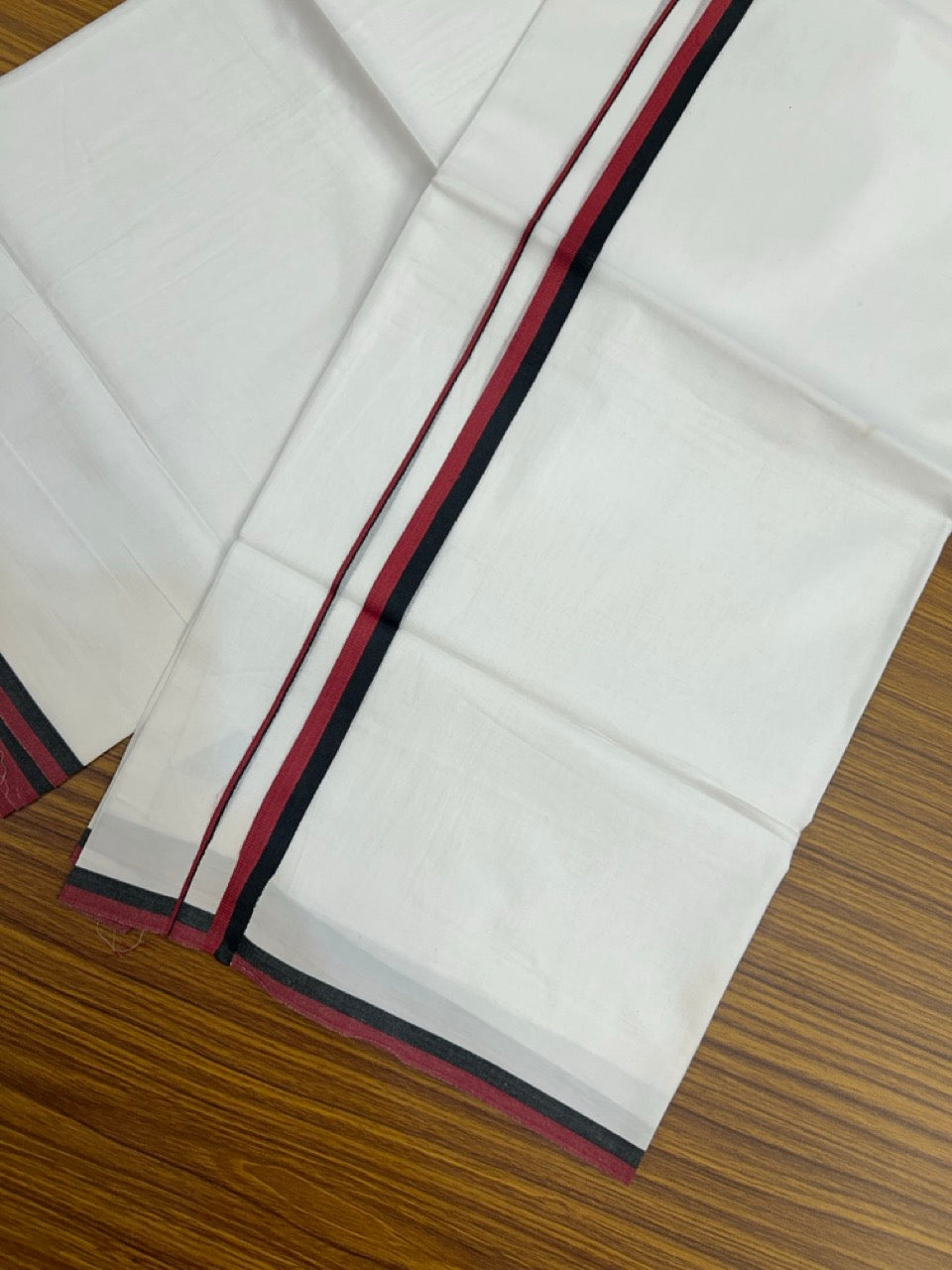 Dmk Veshti - 20% Discount ! KaithariKada 100% Cotton Pure White Double Mundu/Dhoti - 100X90 - 0.5 inch Black & Maroon Red kara 3.90 mtr (8 mulam)-  1 KK5261 PMC