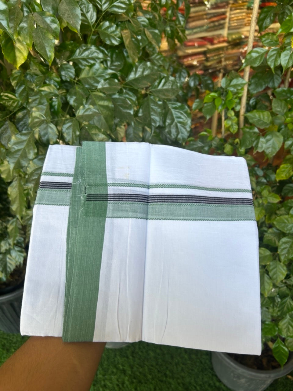14% Discount ! Kaitharikada Balaramapuram 100% Cotton Pure White Double Mundu/Dothi - 72x72 - 1.25 inch Sea Green & Black Striped Kara 3.65 mtr (8 muzham) - 10 KK5298 SKM