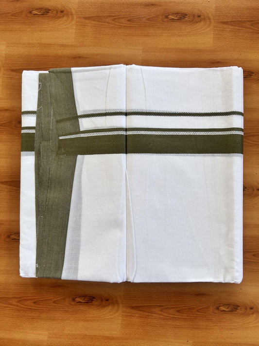Double Pure White Mundu/Dhoti- 20% Discount ! Kaitharikada Balaramapuram 100% Pure Cotton - 100x80 - 1.25 inch Olive Green Striped Kara 3.90 mtr (8 muzham) - 29 KK5444 VIN