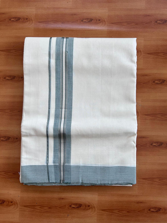 Off White (Unbleached) Double Mundu/Dhoti - 25% Discount! KaithariKada Handloom Unakkupaav- 100% Pure Cotton - 100x80 - 1.5 inch Silver Kasav & Dark Green shaded striped kara 4 Meters (8.5 Muzham) - 2 KK5511 REA