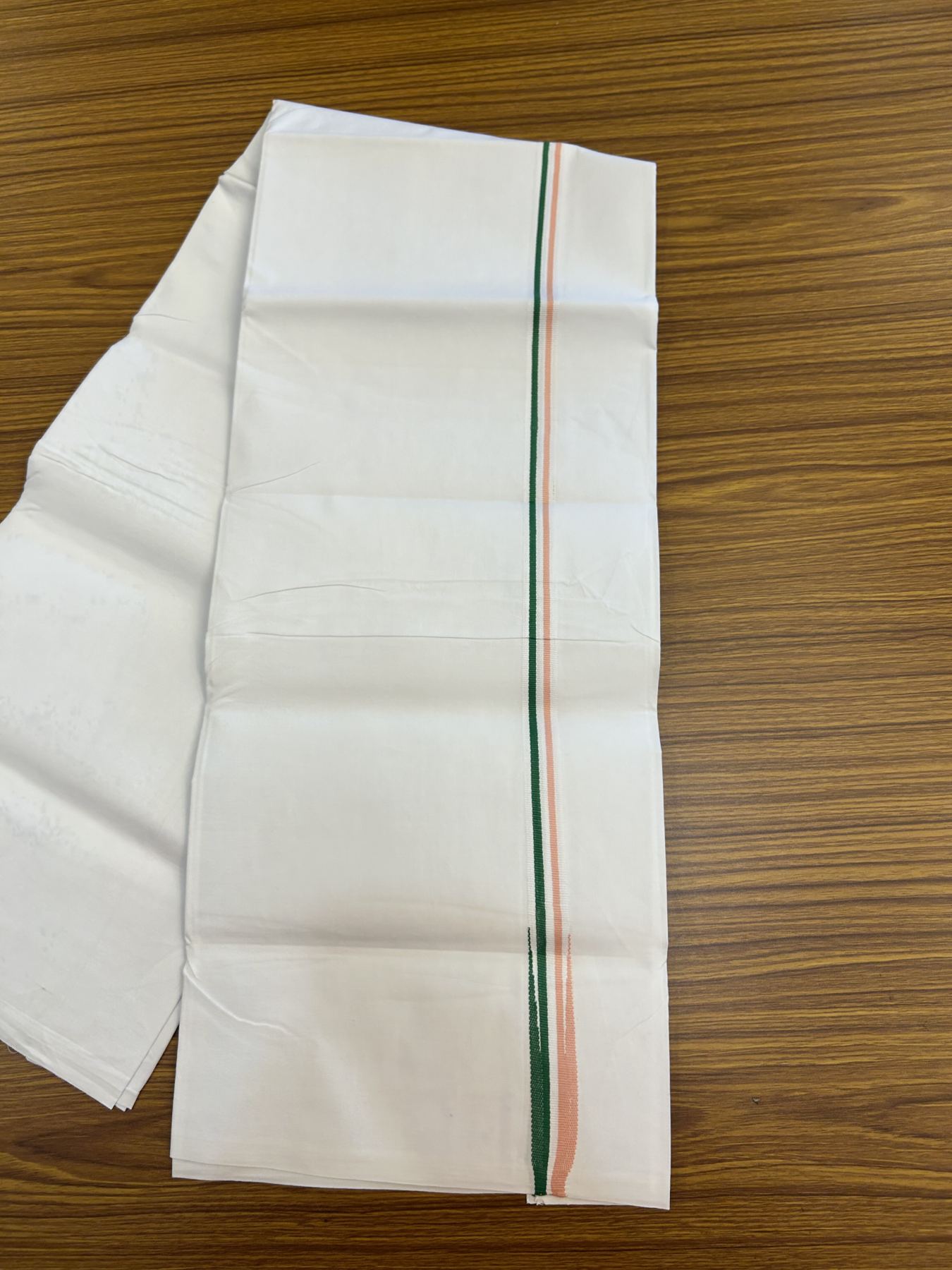 20% Discount ! KaithariKada 100% Cotton Single Pure White Mundu/Dhoti - Twisted 100s Thread - 0.75 inch Puliyilakkara Peach White & Green Chutty Kara (2 meter / 4 muzham) - 4 KK5336 ASH