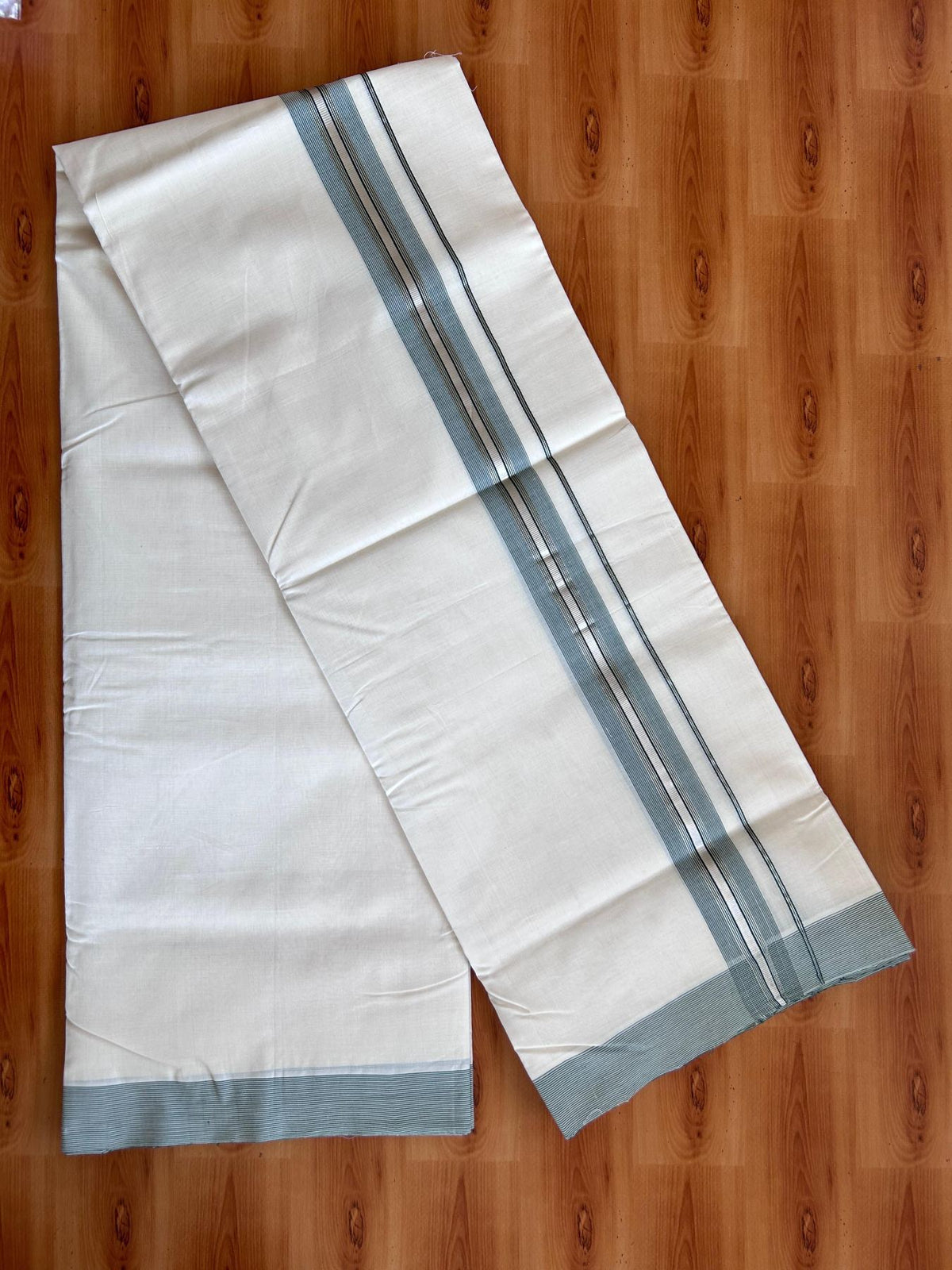 Off White (Unbleached) Double Mundu/Dhoti - 25% Discount! KaithariKada Handloom Unakkupaav- 100% Pure Cotton - 100x80 - 1.5 inch Silver Kasav & Dark Green shaded striped kara 4 Meters (8.5 Muzham) - 2 KK5511 REA