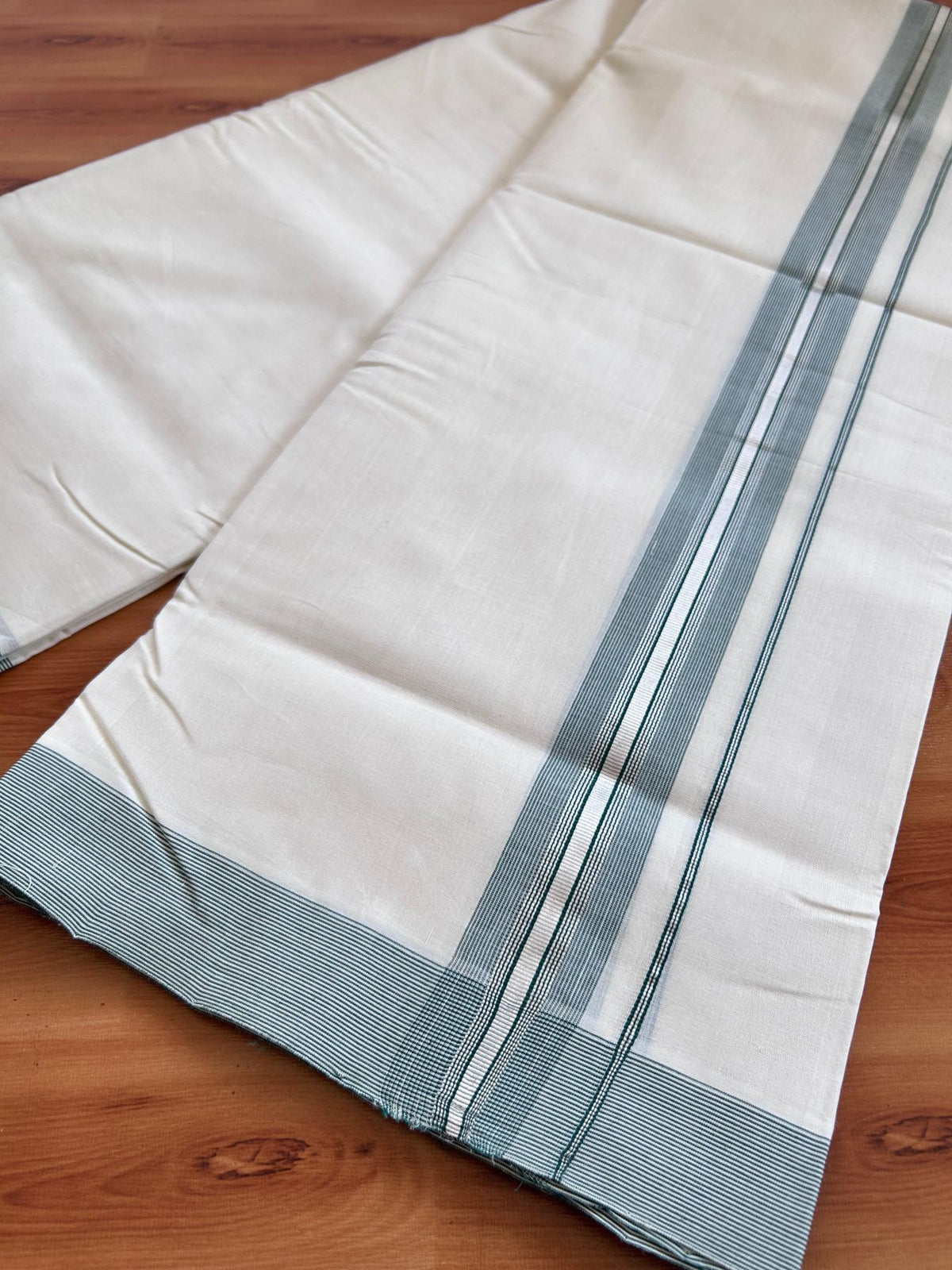 Off White (Unbleached) Double Mundu/Dhoti - 25% Discount! KaithariKada Handloom Unakkupaav- 100% Pure Cotton - 100x80 - 1.5 inch Silver Kasav & Dark Green shaded striped kara 4 Meters (8.5 Muzham) - 2 KK5511 REA