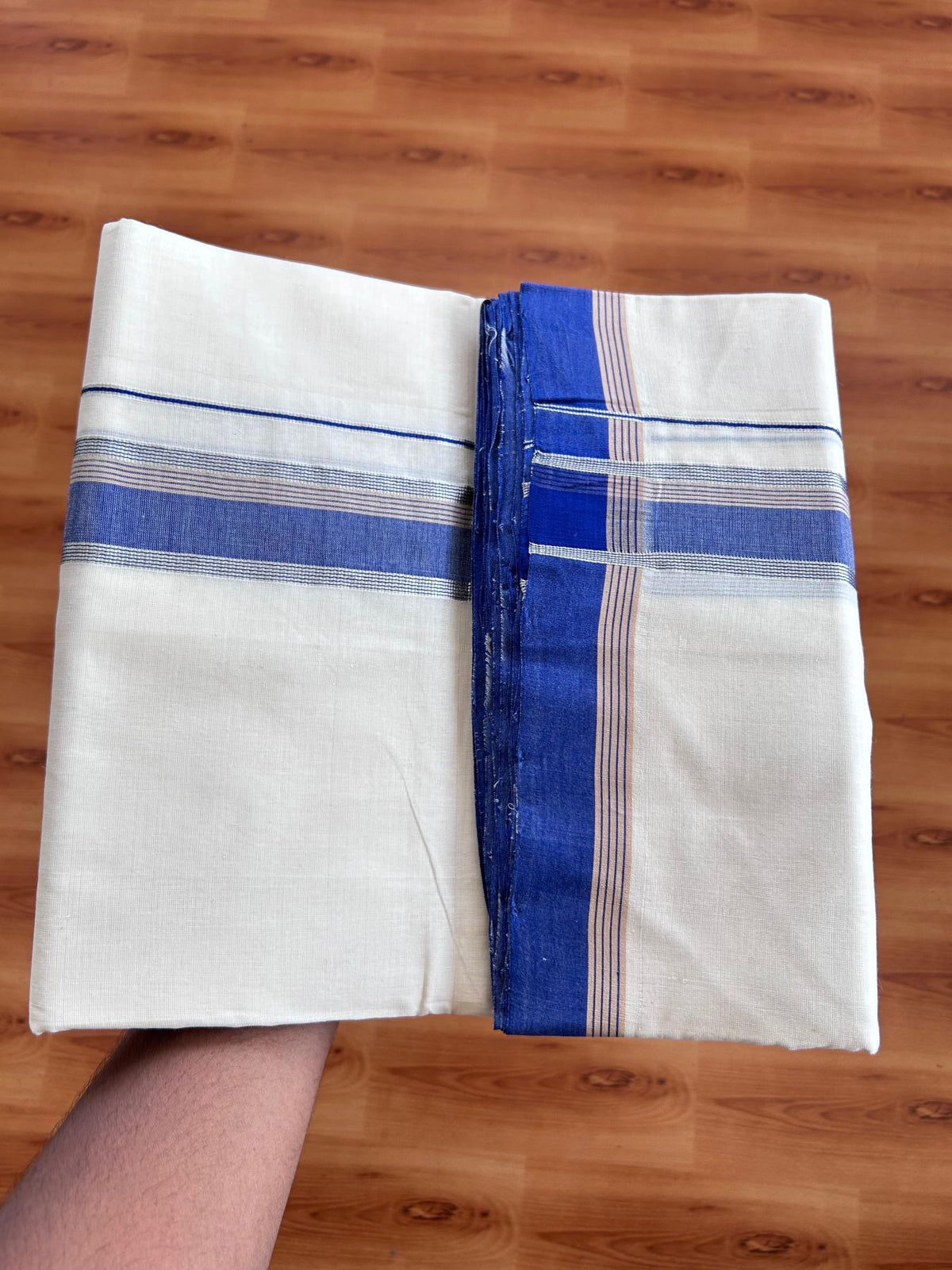 Off White (Unbleached) Double Mundu/Dhoti - 25% Discount! KaithariKada Handloom Unakkupaav- 100% Pure Cotton - 100x80 - 1.25 inch Silver Kasav Blue & Sand Brown striped kara 4 Meters (8.5 Muzham) - 4 KK5511 REA