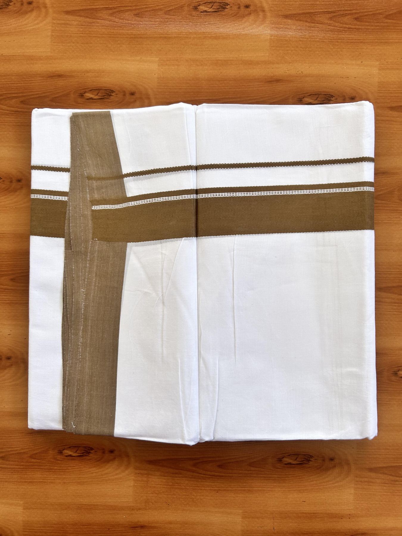 Double Pure White Mundu/Dhoti- 20% Discount ! Kaitharikada Balaramapuram 100% Pure Cotton - 100x80 - 1.25 inch Dark Brownish Yellow Striped Kara 3.90 mtr (8 muzham) - 31 KK5444 VIN