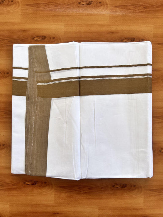 Double Pure White Mundu/Dhoti- 20% Discount ! Kaitharikada Balaramapuram 100% Pure Cotton - 100x80 - 1.25 inch Dark Brownish Yellow Striped Kara 3.90 mtr (8 muzham) - 31 KK5444 VIN