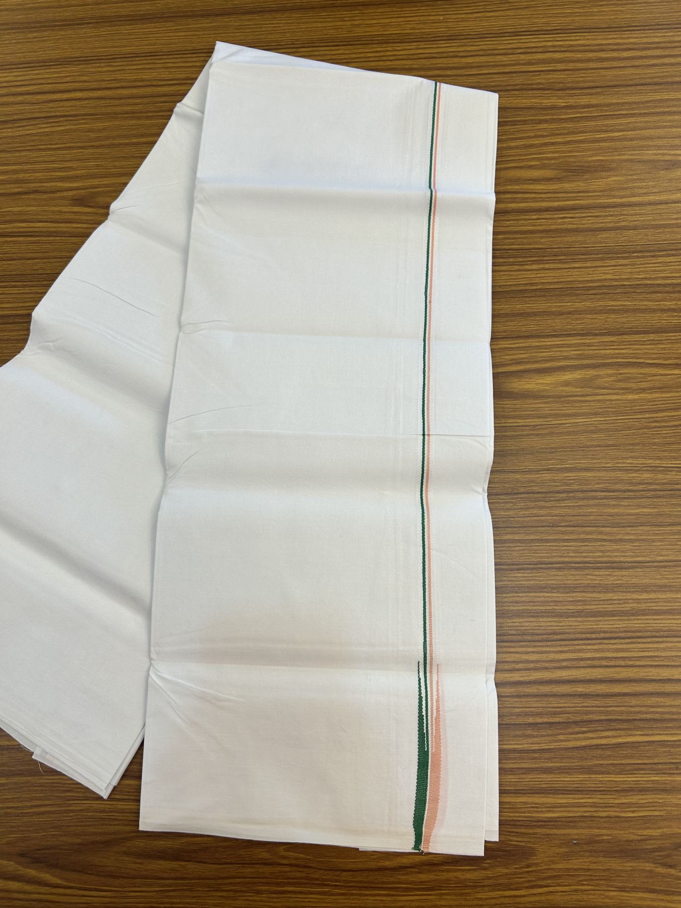 20% Discount ! KaithariKada 100% Cotton Single Pure White Mundu/Dhoti - Twisted 100s Thread - 0.5 inch Puliyilakkara Peach White & Green Chutty Kara (2 meter / 4 muzham) - 5 KK5336 ASH