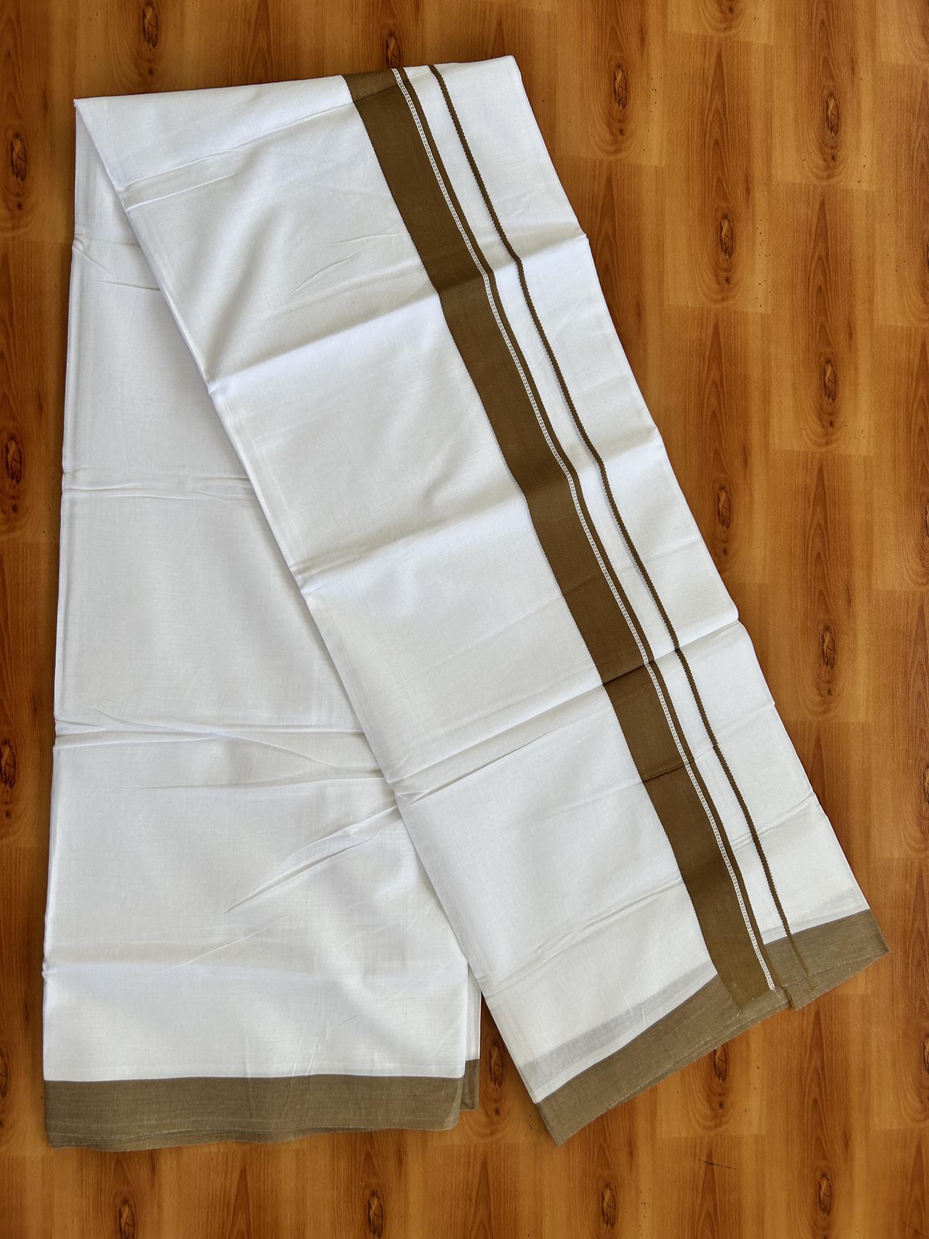 Double Pure White Mundu/Dhoti- 20% Discount ! Kaitharikada Balaramapuram 100% Pure Cotton - 100x80 - 1.25 inch Dark Brownish Yellow Striped Kara 3.90 mtr (8 muzham) - 31 KK5444 VIN