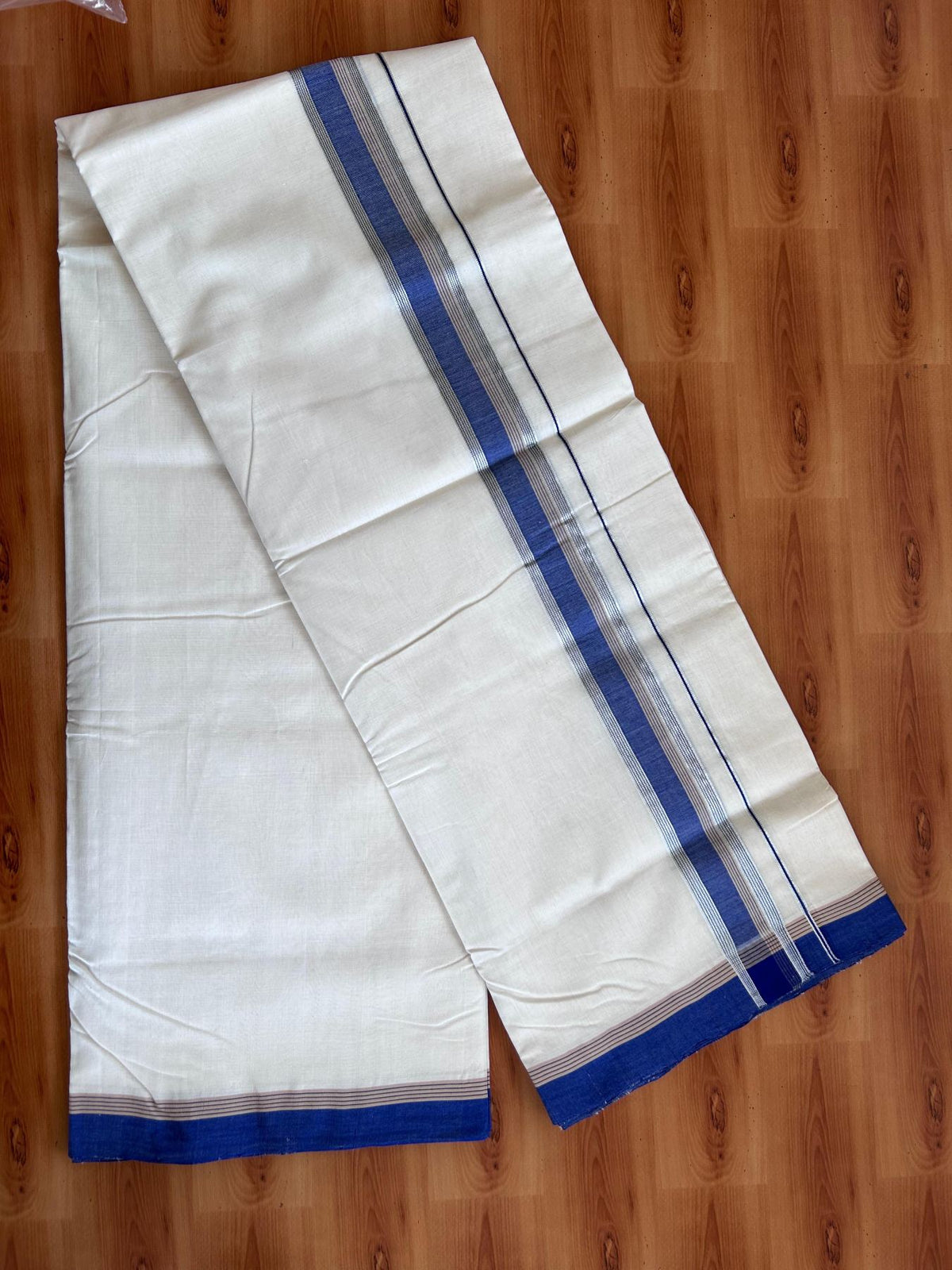 Off White (Unbleached) Double Mundu/Dhoti - 25% Discount! KaithariKada Handloom Unakkupaav- 100% Pure Cotton - 100x80 - 1.25 inch Silver Kasav Blue & Sand Brown striped kara 4 Meters (8.5 Muzham) - 4 KK5511 REA