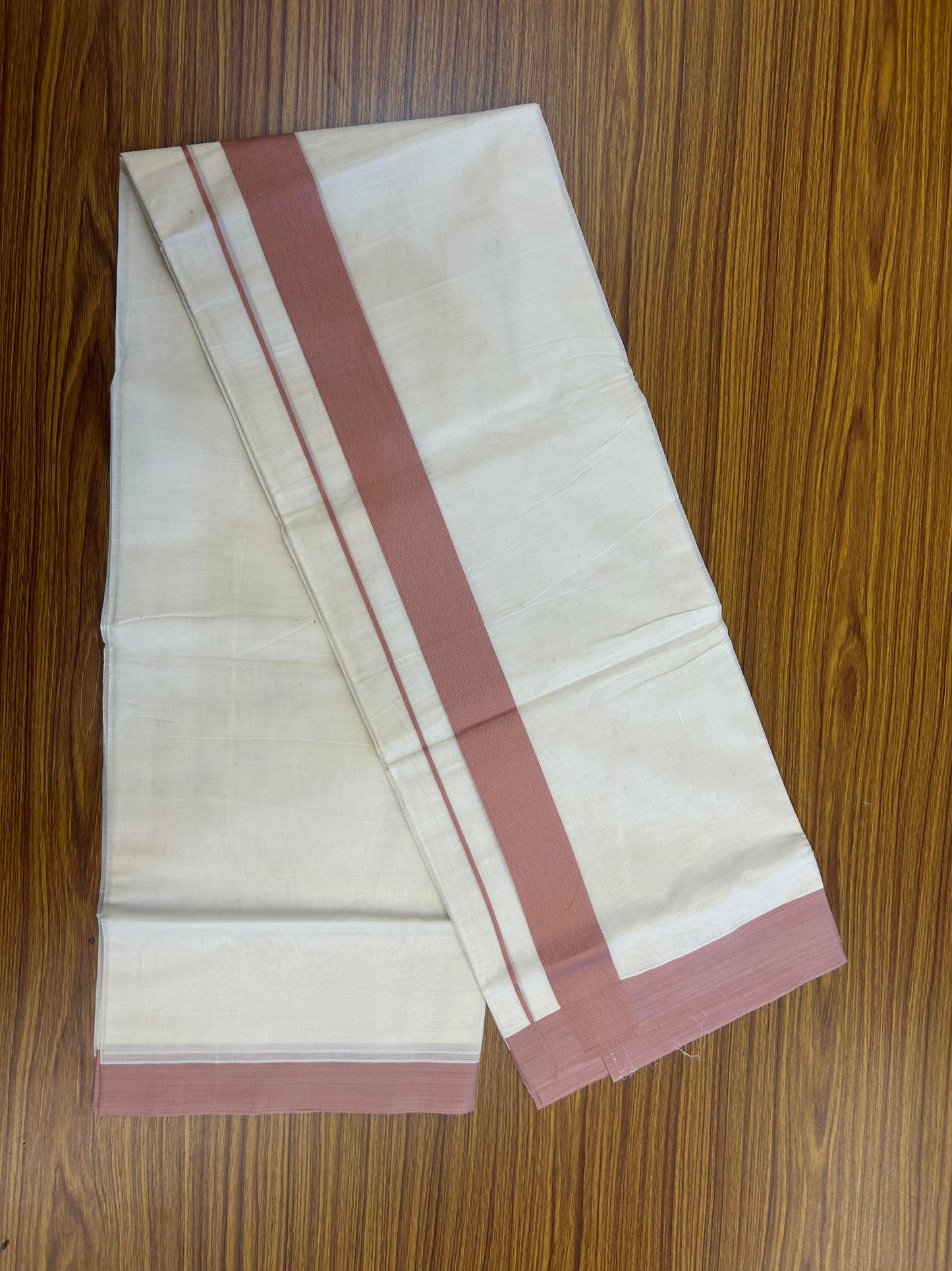 20% Discount! KaithariKada Balaramapuram 100% Cotton Double Off White Mundu/Dhoti- 100x80 - 1.75 inch Peach pink Kara 4 mtr (8.5 muzham) - 187 KK5361 PMC