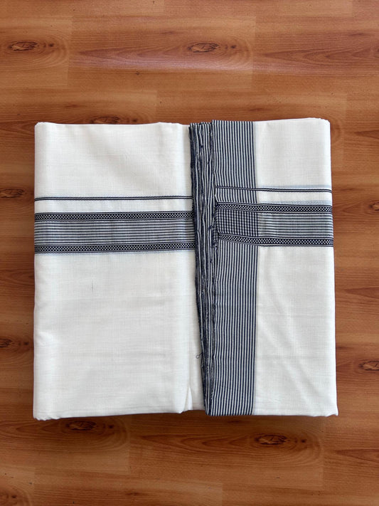 Off White (Unbleached) Double Mundu/Dhoti - 25% Discount! KaithariKada Handloom Unakkupaav- 100% Pure Cotton - 100x80 - 1.25 inch Silver Kasav Black & Tan Brown Striped Kara 4 Meters (8.5 Muzham) - 10 KK5511 REA
