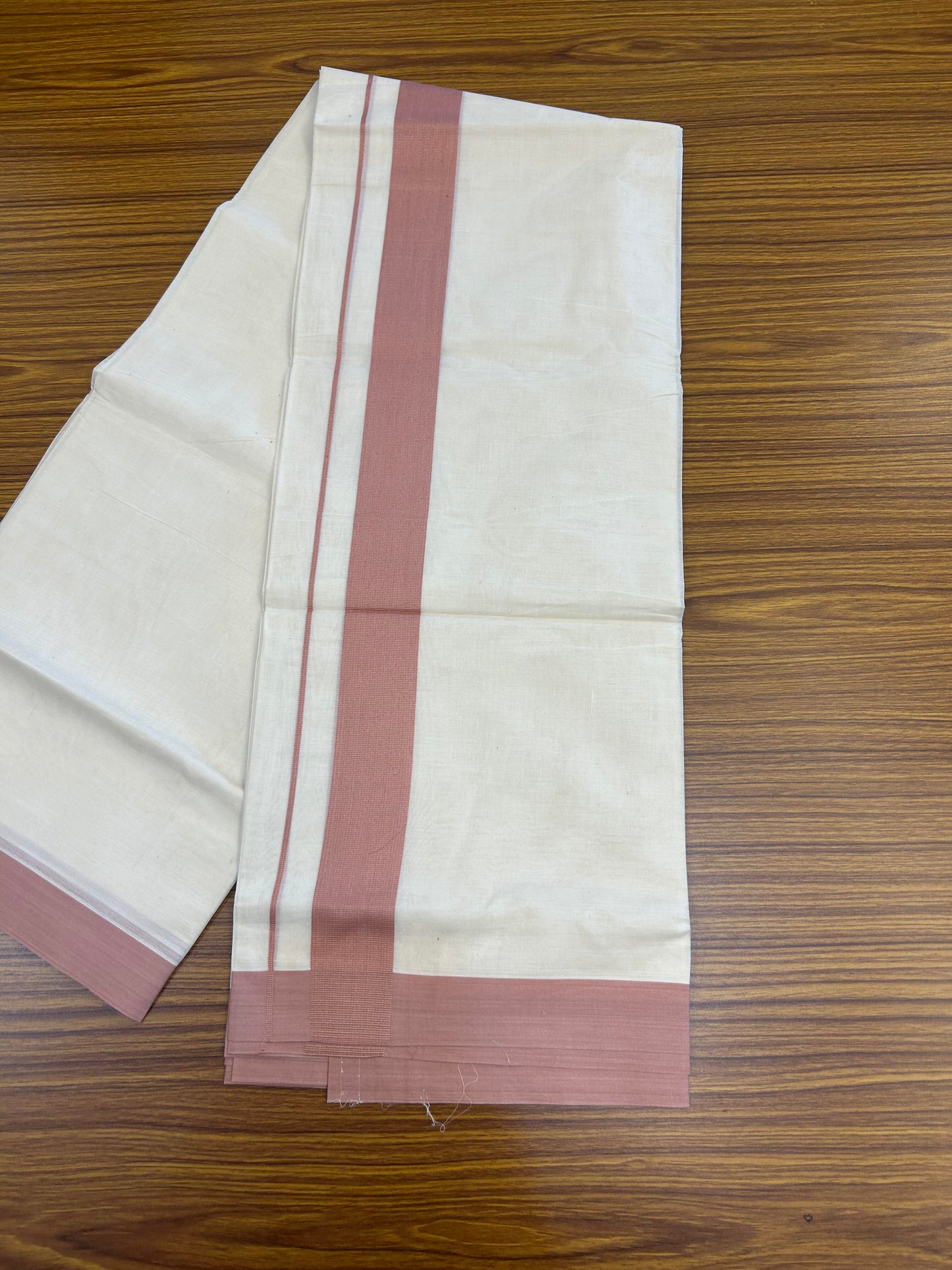 20% Discount! KaithariKada Balaramapuram 100% Cotton Double Off White Mundu/Dhoti- 100x80 - 1.75 inch Peach pink Kara 4 mtr (8.5 muzham) - 187 KK5361 PMC