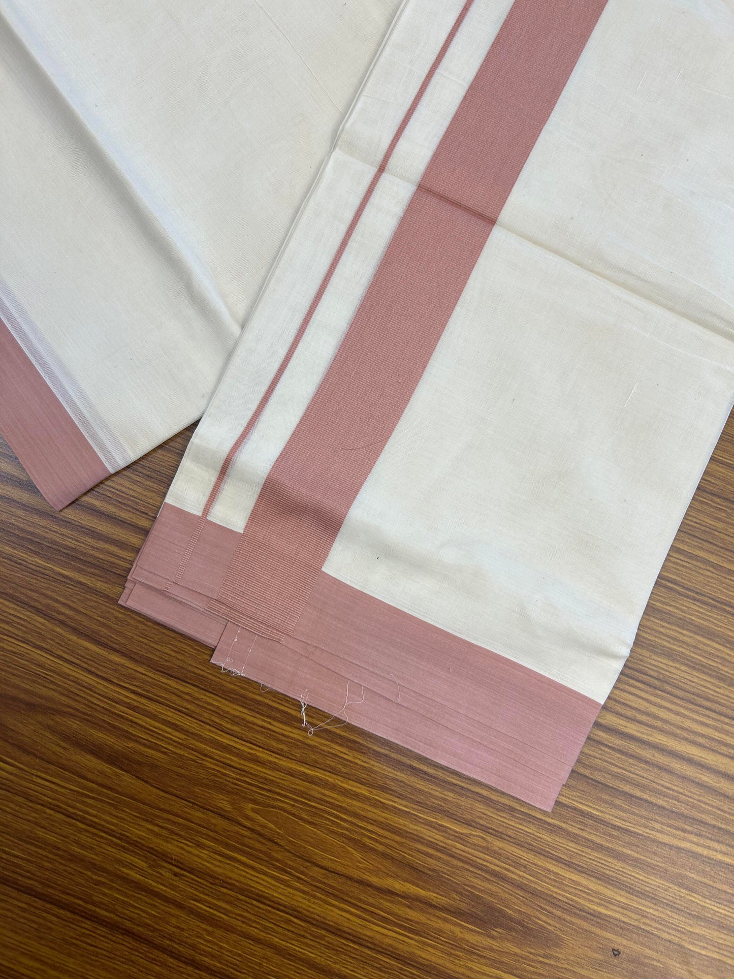 20% Discount! KaithariKada Balaramapuram 100% Cotton Double Off White Mundu/Dhoti- 100x80 - 1.75 inch Peach pink Kara 4 mtr (8.5 muzham) - 187 KK5361 PMC