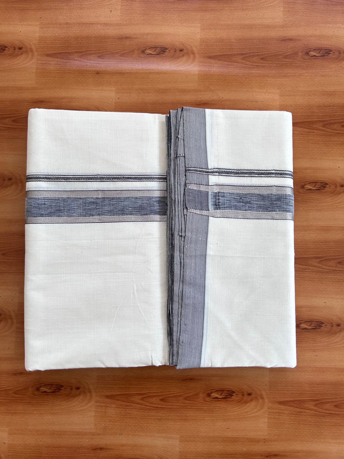 Off White (Unbleached) Double Mundu/Dhoti - 25% Discount! KaithariKada Handloom Unakkupaav- 100% Pure Cotton - 100x80 - 1.5 inch Silver Kasav Black & Brown Shaded Striped Kara 4 Meters (8.5 Muzham) - 9 KK5511 REA
