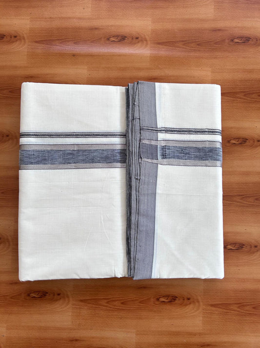 Off White (Unbleached) Double Mundu/Dhoti - 25% Discount! KaithariKada Handloom Unakkupaav- 100% Pure Cotton - 100x80 - 1.5 inch Silver Kasav Black & Brown Shaded Striped Kara 4 Meters (8.5 Muzham) - 9 KK5511 REA