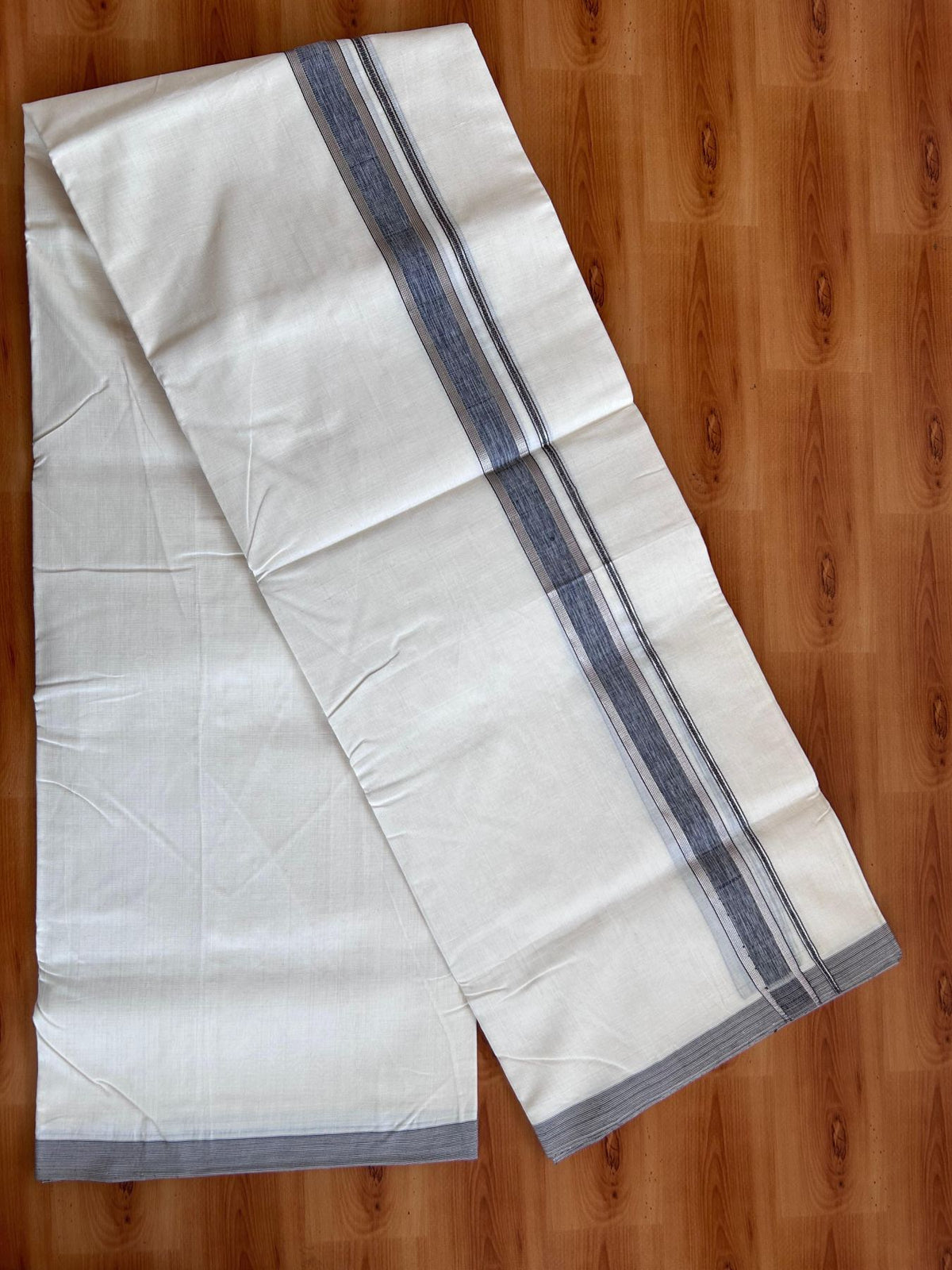 Off White (Unbleached) Double Mundu/Dhoti - 25% Discount! KaithariKada Handloom Unakkupaav- 100% Pure Cotton - 100x80 - 1.5 inch Silver Kasav Black & Brown Shaded Striped Kara 4 Meters (8.5 Muzham) - 9 KK5511 REA