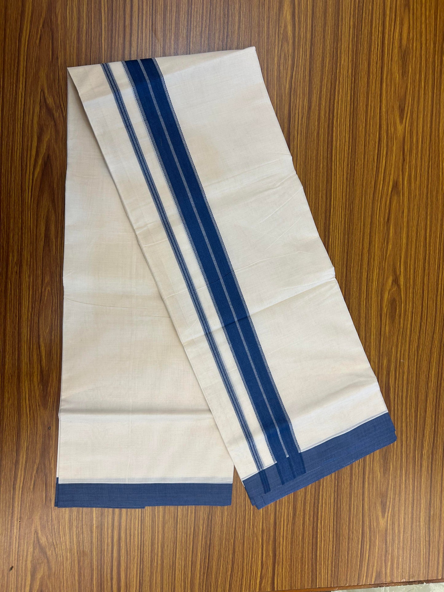 20% Discount! KaithariKada Balaramapuram 100% Cotton Double Off White Mundu/Dhoti- 100x80 - 1.75 inch Denim blue striped Kara 4 mtr (8.5 muzham) - 182 KK5361 PMC