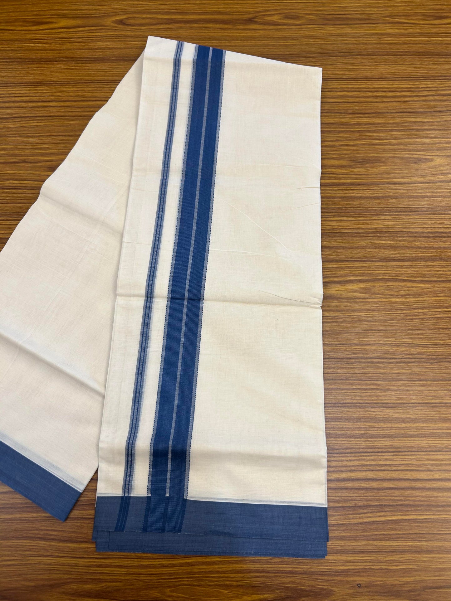 20% Discount! KaithariKada Balaramapuram 100% Cotton Double Off White Mundu/Dhoti- 100x80 - 1.75 inch Denim blue striped Kara 4 mtr (8.5 muzham) - 182 KK5361 PMC
