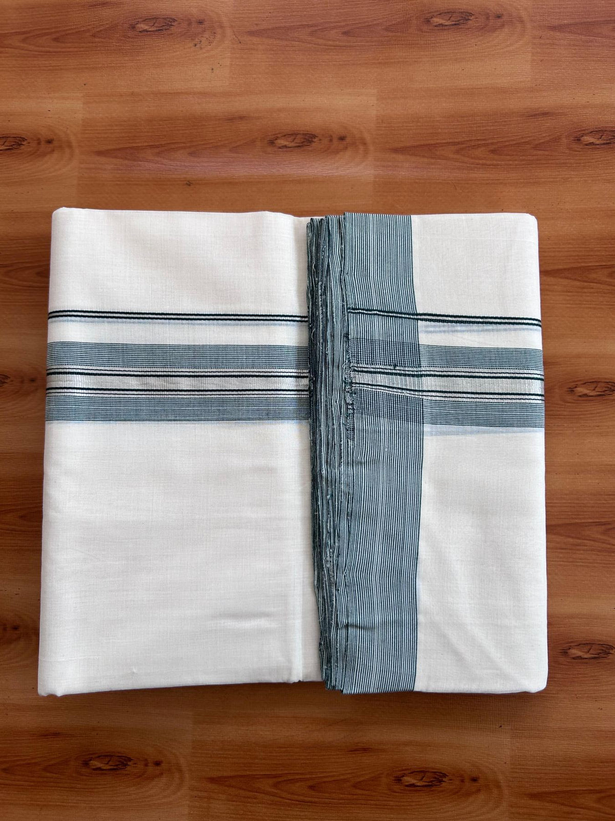 Off White (Unbleached) Double Mundu/Dhoti - 25% Discount! KaithariKada Handloom Unakkupaav- 100% Pure Cotton - 100x80 - 1.5 inch Silver Kasav & Dark Green shaded striped kara 4 Meters (8.5 Muzham) - 3 KK5511 REA