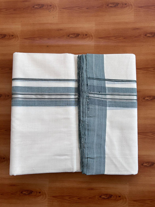 Off White (Unbleached) Double Mundu/Dhoti - 25% Discount! KaithariKada Handloom Unakkupaav- 100% Pure Cotton - 100x80 - 1.5 inch Silver Kasav & Dark Green shaded striped kara 4 Meters (8.5 Muzham) - 3 KK5511 REA