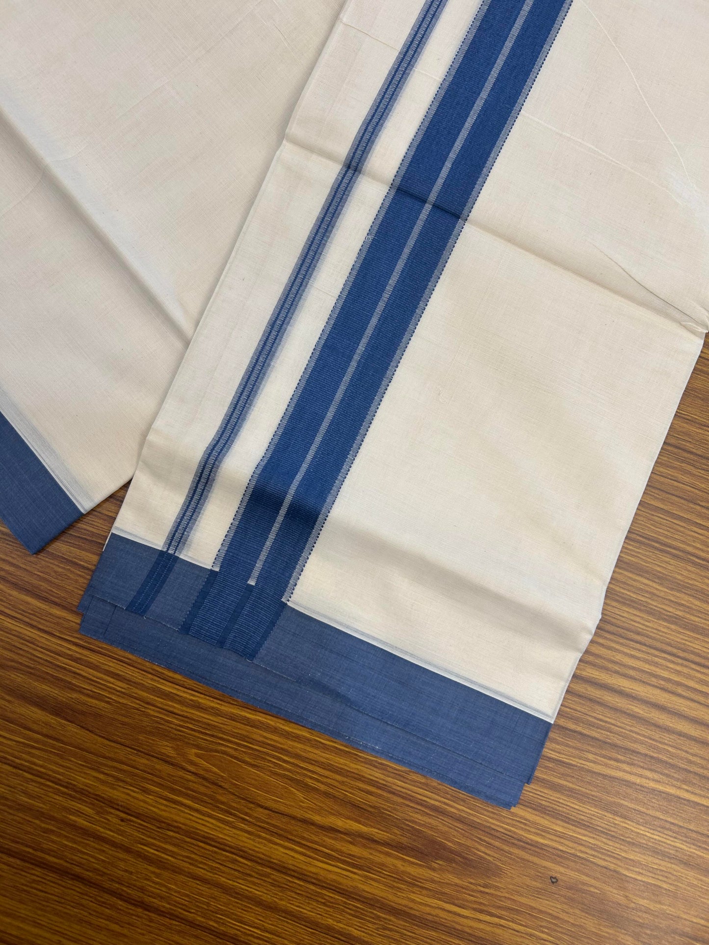 20% Discount! KaithariKada Balaramapuram 100% Cotton Double Off White Mundu/Dhoti- 100x80 - 1.75 inch Denim blue striped Kara 4 mtr (8.5 muzham) - 182 KK5361 PMC