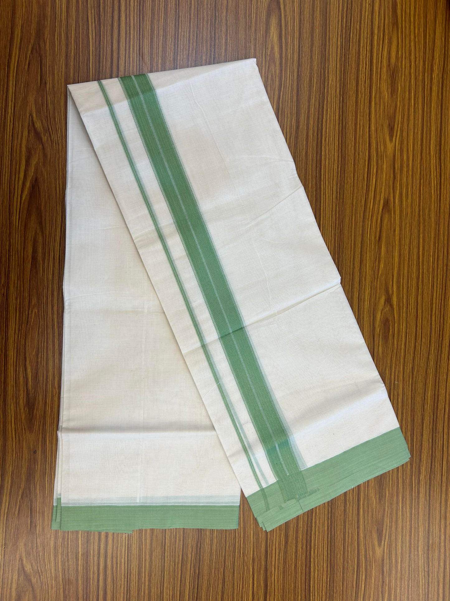 20% Discount! KaithariKada Balaramapuram 100% Cotton Double Off White Mundu/Dhoti- 100x80 - 1.75 inch Light Green striped Kara 4 mtr (8.5 muzham) - 183 KK5361 PMC