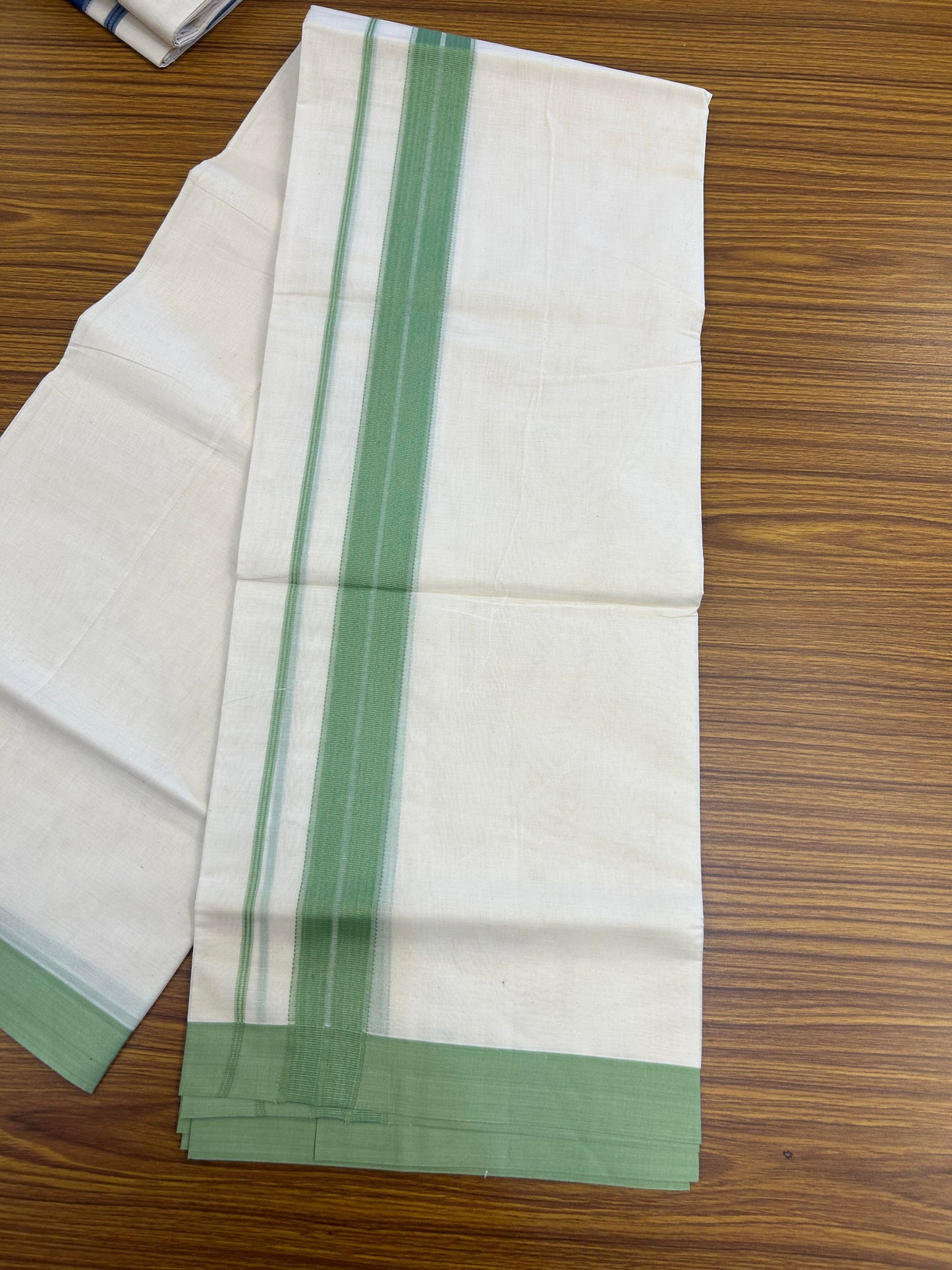 20% Discount! KaithariKada Balaramapuram 100% Cotton Double Off White Mundu/Dhoti- 100x80 - 1.75 inch Light Green striped Kara 4 mtr (8.5 muzham) - 183 KK5361 PMC