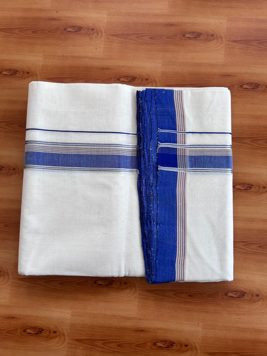 Off White (Unbleached) Double Mundu/Dhoti - 25% Discount! KaithariKada Handloom Unakkupaav- 100% Pure Cotton - 100x80 - 1.25 inch Silver Kasav Blue & Sand Brown striped kara 4 Meters (8.5 Muzham) - 5 KK5511 REA