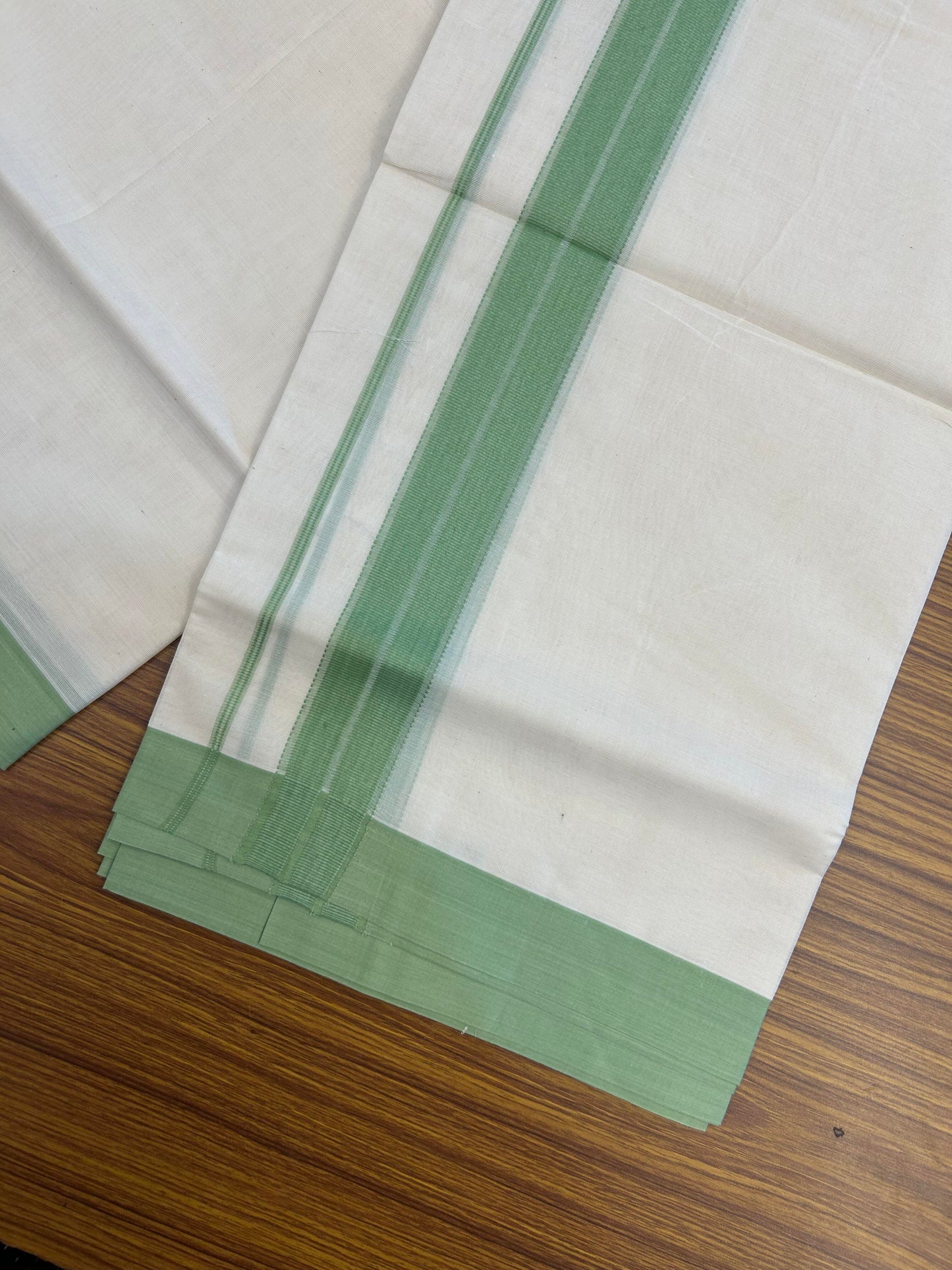 20% Discount! KaithariKada Balaramapuram 100% Cotton Double Off White Mundu/Dhoti- 100x80 - 1.75 inch Light Green striped Kara 4 mtr (8.5 muzham) - 183 KK5361 PMC