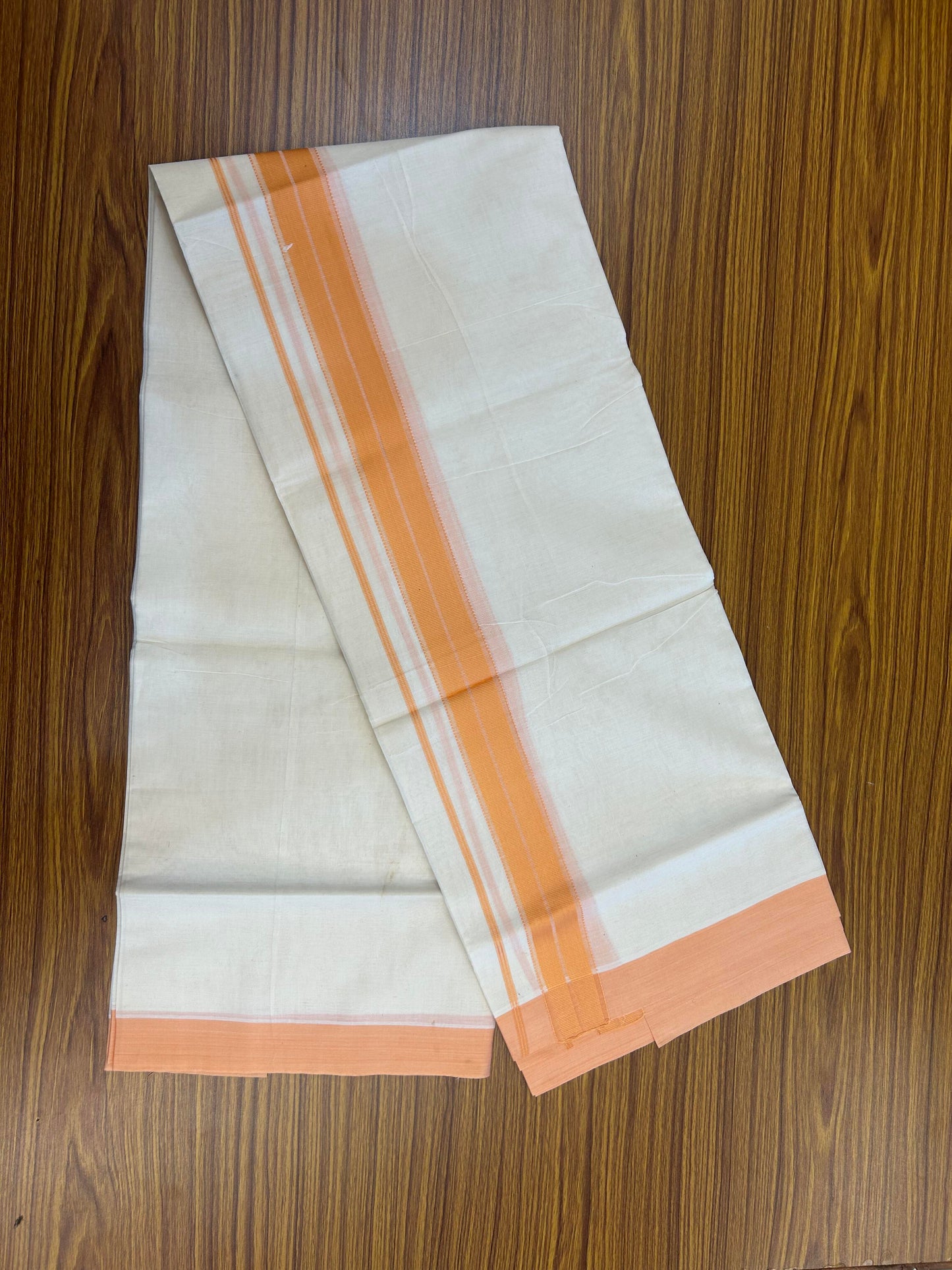 20% Discount! KaithariKada Balaramapuram 100% Cotton Double Off White Mundu/Dhoti- 100x80 - 1.75 inch Peachish Orange striped Kara 4 mtr (8.5 muzham) - 181 KK5361 PMC