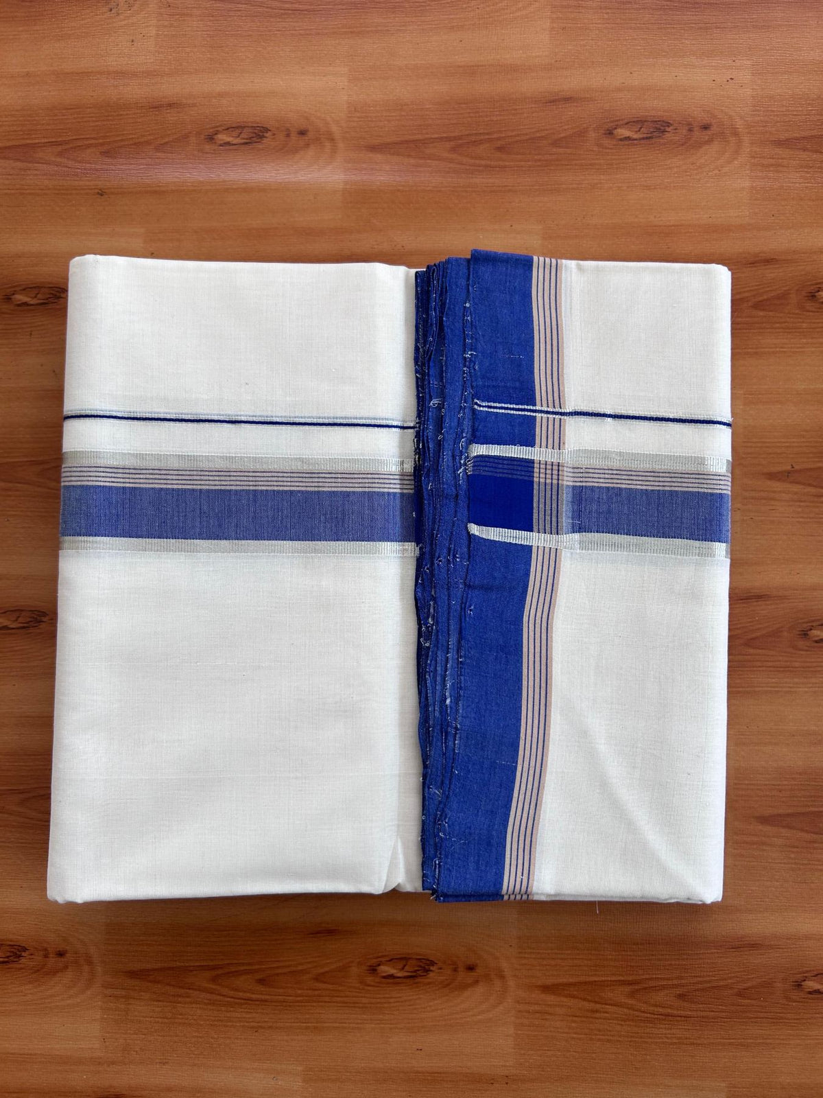 Off White (Unbleached) Double Mundu/Dhoti - 25% Discount! KaithariKada Handloom Unakkupaav- 100% Pure Cotton - 100x80 - 1.25 inch Silver Kasav Blue & Sand Brown striped kara 4 Meters (8.5 Muzham) - 6 KK5511 REA