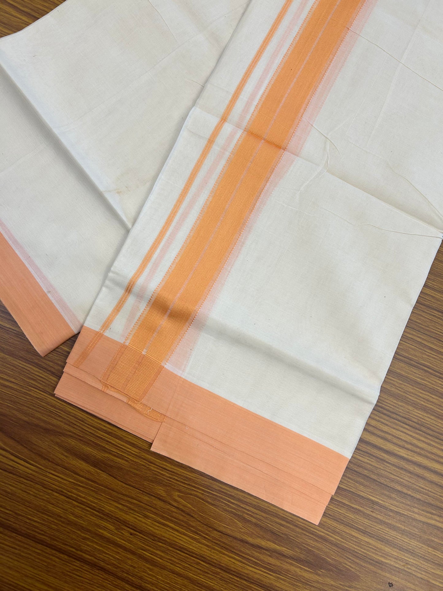 20% Discount! KaithariKada Balaramapuram 100% Cotton Double Off White Mundu/Dhoti- 100x80 - 1.75 inch Peachish Orange striped Kara 4 mtr (8.5 muzham) - 181 KK5361 PMC