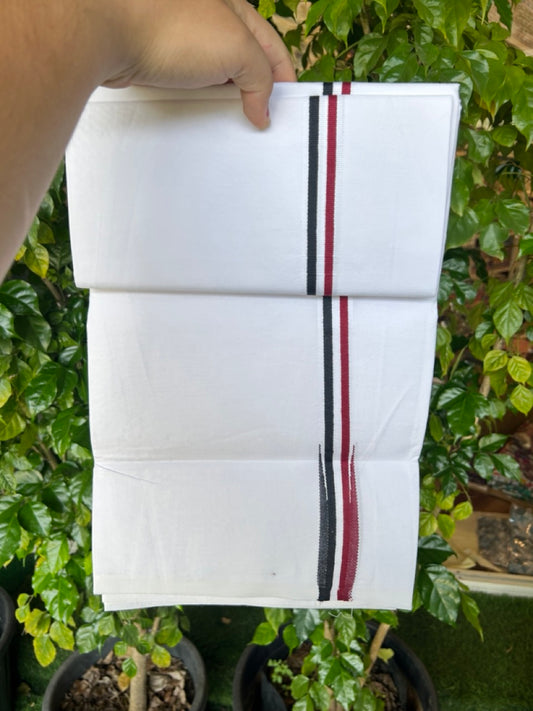 ADMK VESHTI 20% DISCOUNT ! KaithariKada Balaramapuram 100% COTTON SINGLE PURE WHITE  Mundu/Dhoti-100X100 - 1 inch Puliyilakkara Maroon & Black Chutty Kara (2 meter / 4 muzham) - 19KK5224 ASH