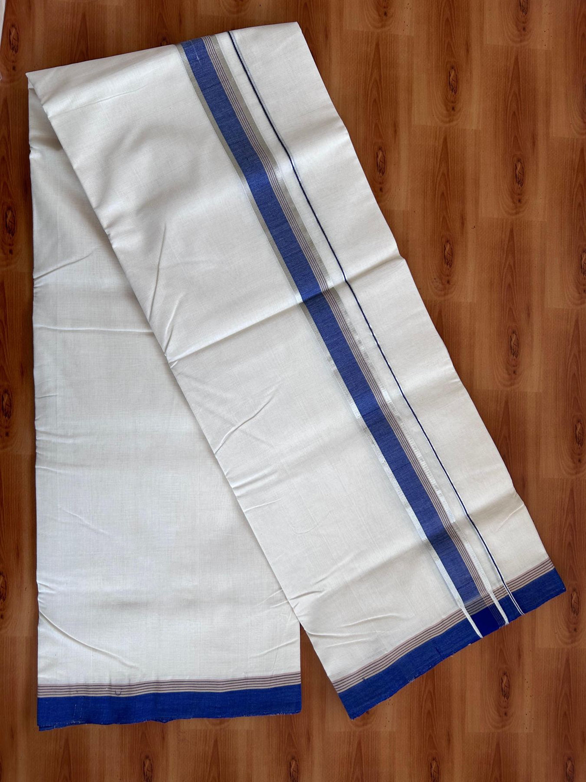Off White (Unbleached) Double Mundu/Dhoti - 25% Discount! KaithariKada Handloom Unakkupaav- 100% Pure Cotton - 100x80 - 1.25 inch Silver Kasav Blue & Sand Brown striped kara 4 Meters (8.5 Muzham) - 6 KK5511 REA