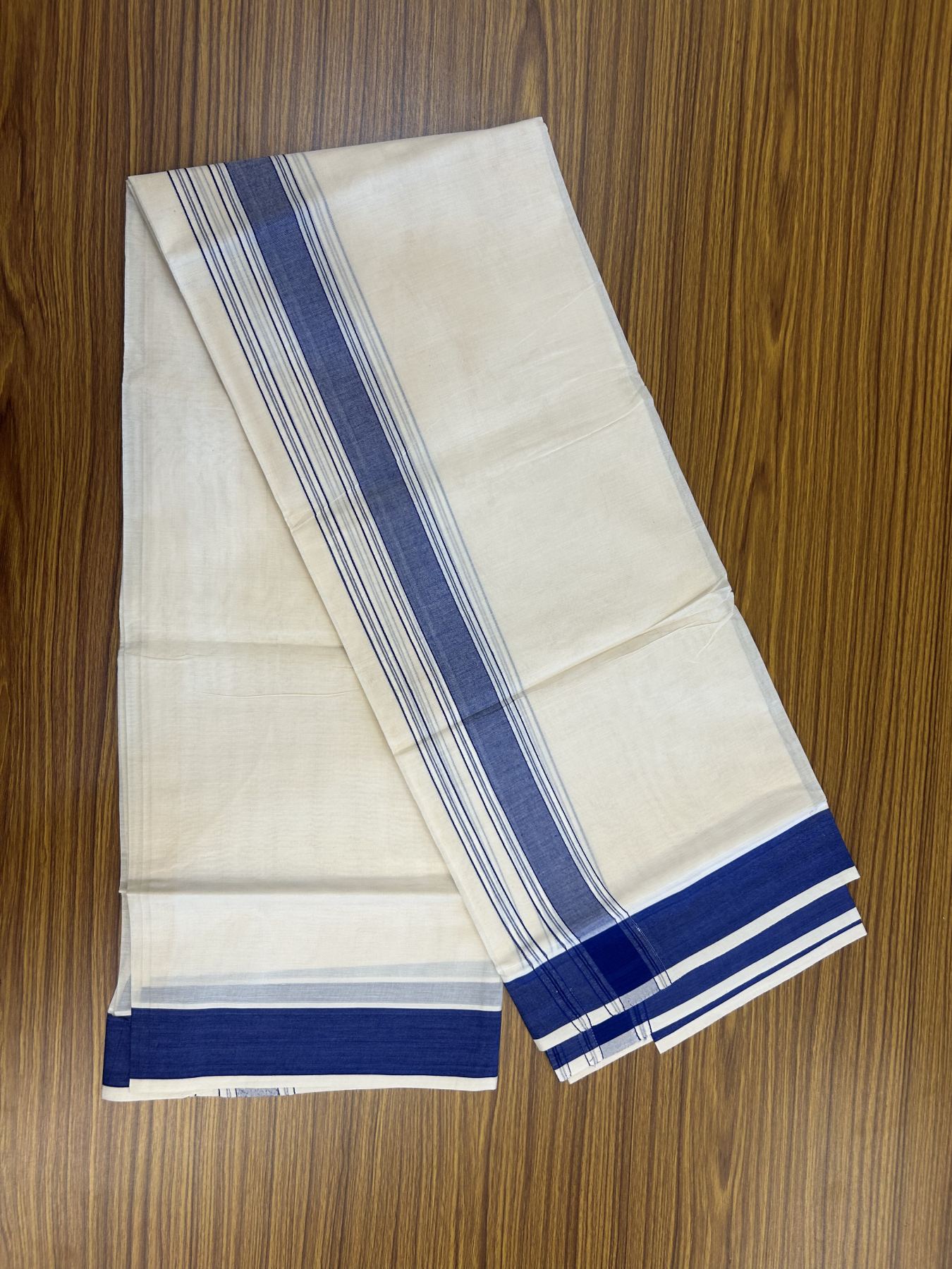 20% Discount! KaithariKada Balaramapuram 100% Cotton Double Off White Mundu/Dhoti- 100x80 -2 inch Blue Shaded Striped Kara 4 mtr (8.5 muzham) - 216 KK5361 PMC