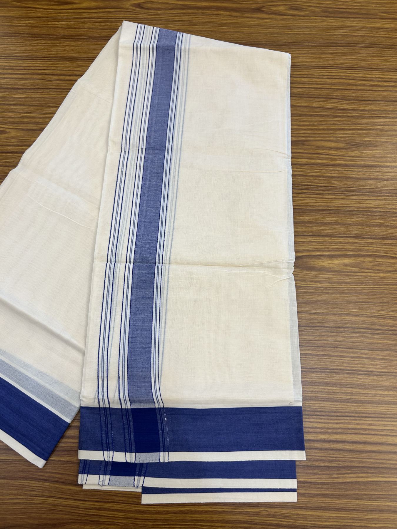 20% Discount! KaithariKada Balaramapuram 100% Cotton Double Off White Mundu/Dhoti- 100x80 -2 inch Blue Shaded Striped Kara 4 mtr (8.5 muzham) - 216 KK5361 PMC