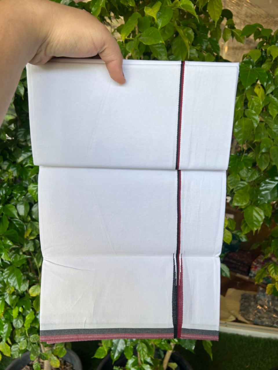 DMK Veshti - 20% Discount !! KaithariKada Balaramapuram PURE WHITE SINGLE Mundu/Dhoti - 100X100 - Puliyilakkara 0.25 inch Maroon & Black Thin Chutty Kara (2 meter / 4 muzham) - 17KK5224 ASH